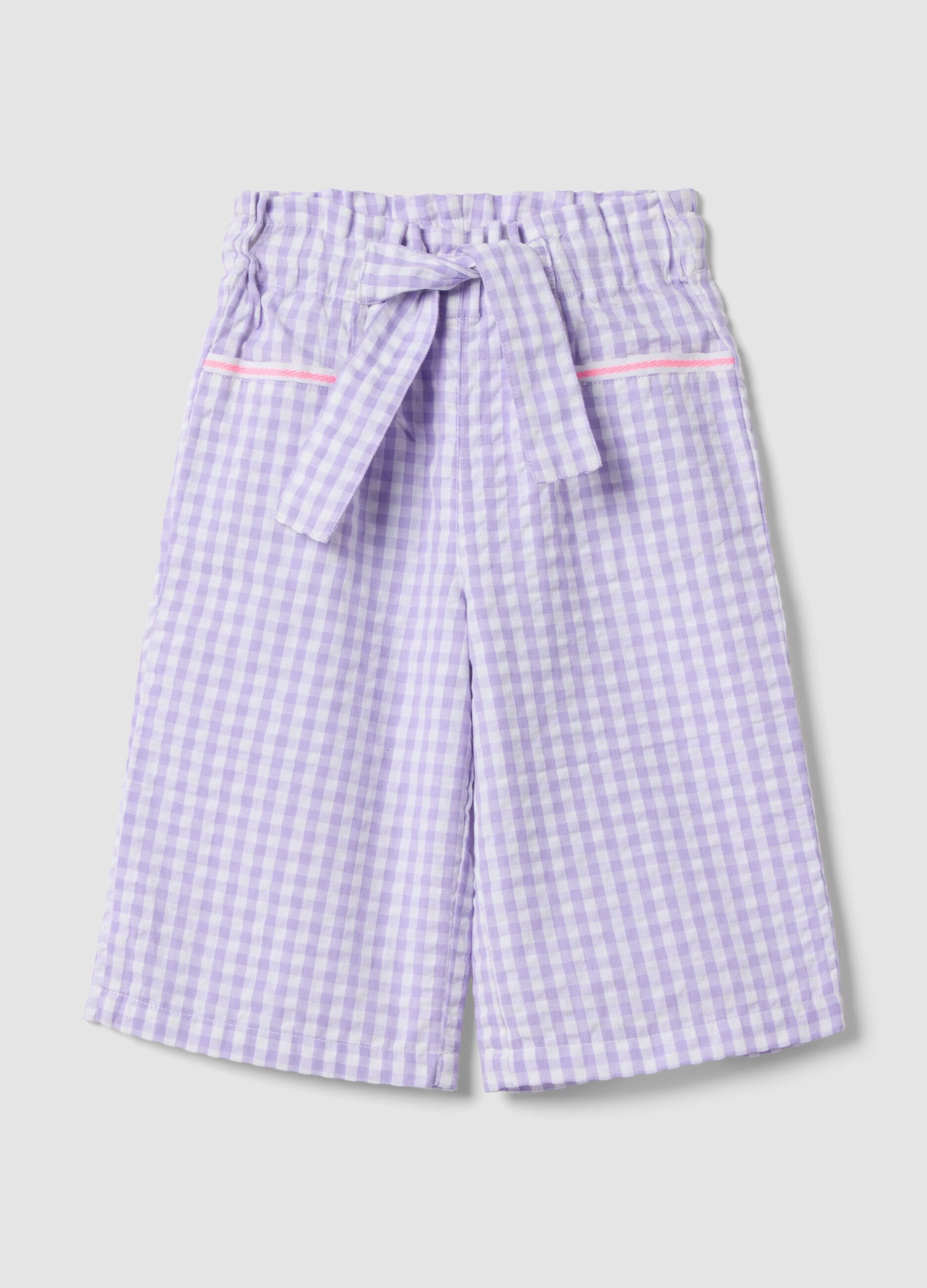 Girls' wide leg multicoloured check pure cotton trousers