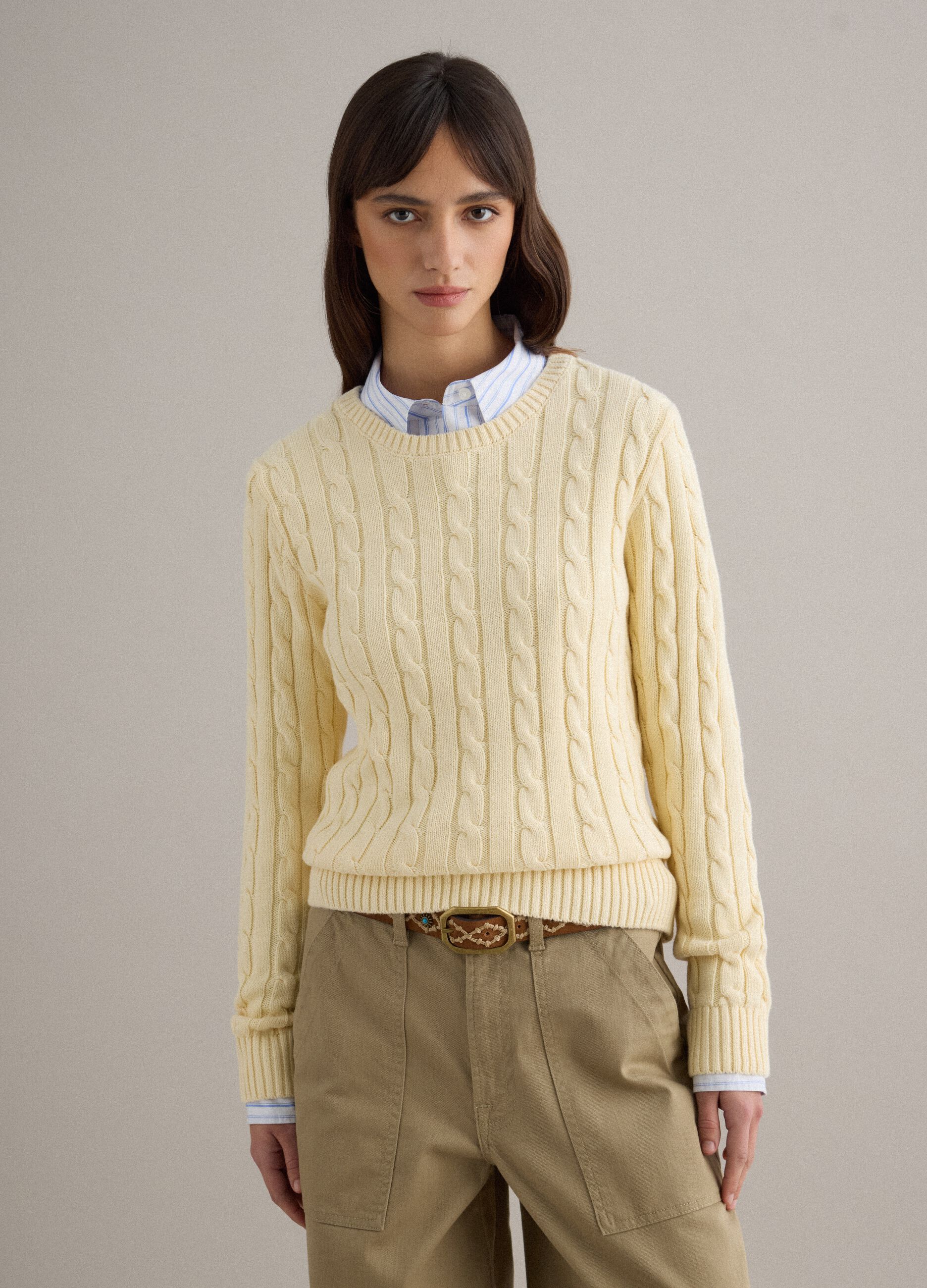 Yellow pure cotton regular fit cable knit jumper