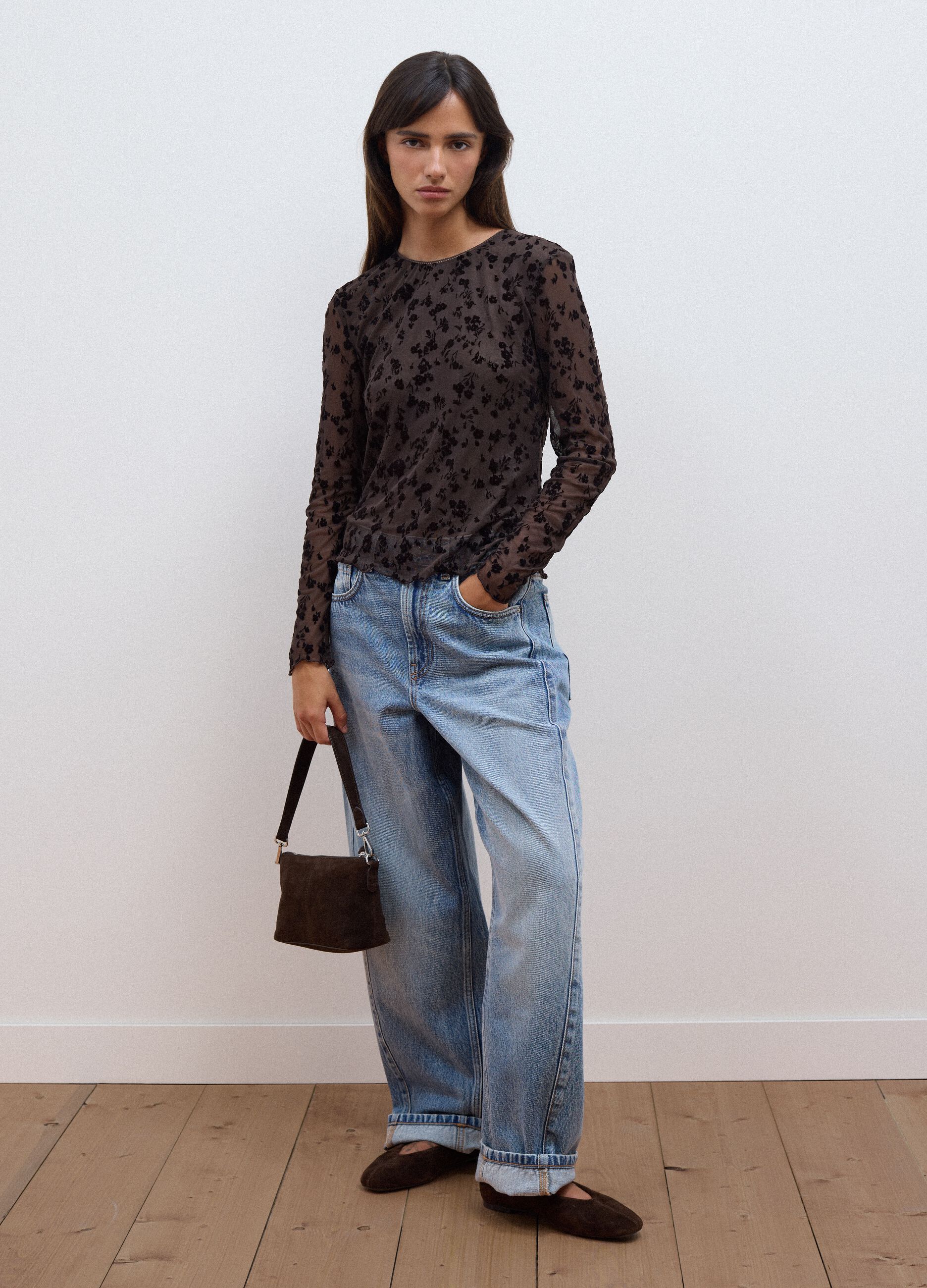 Black stretch floral-pattern T-shirt