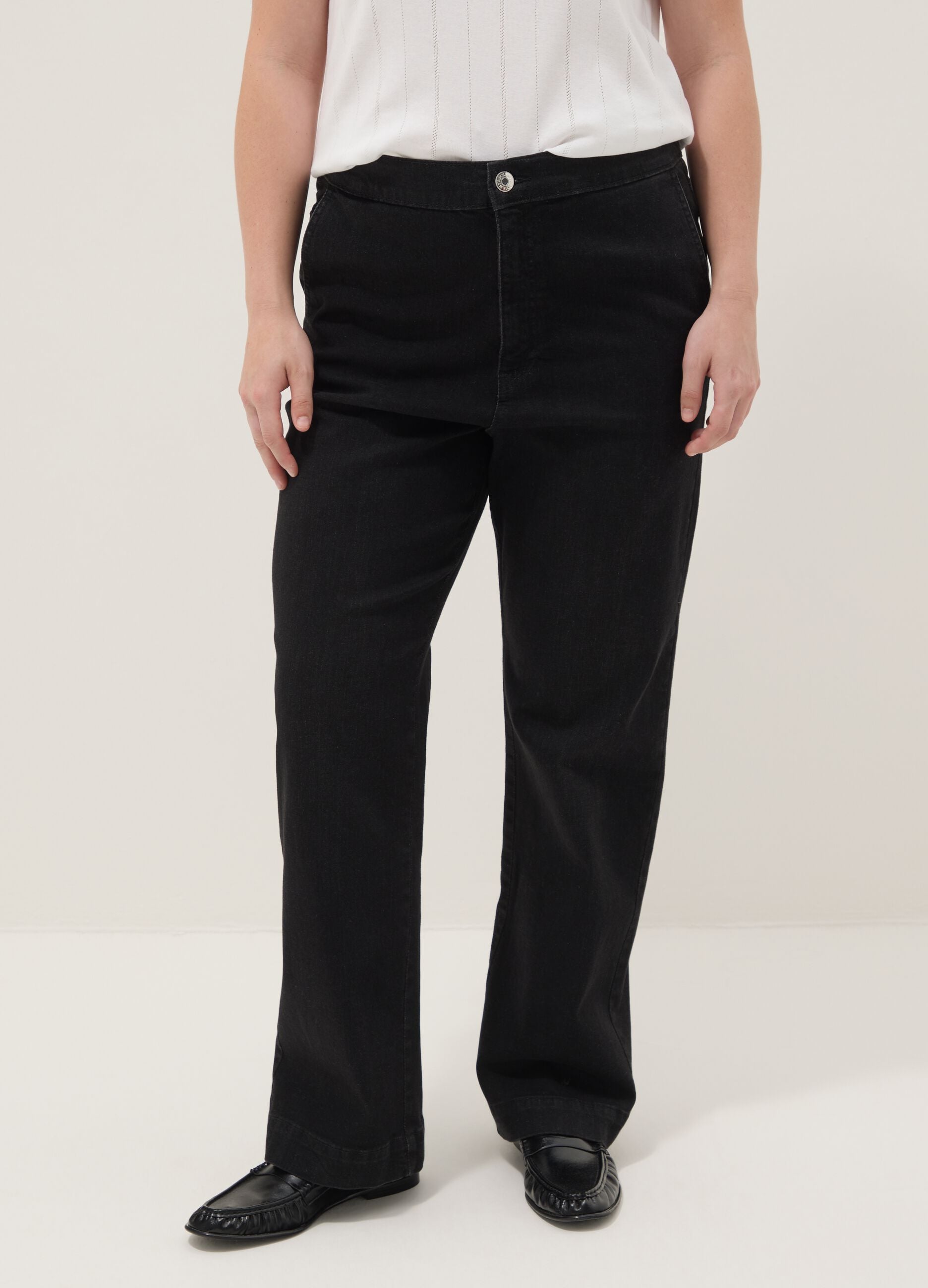 Black stretch cotton wide leg jeans