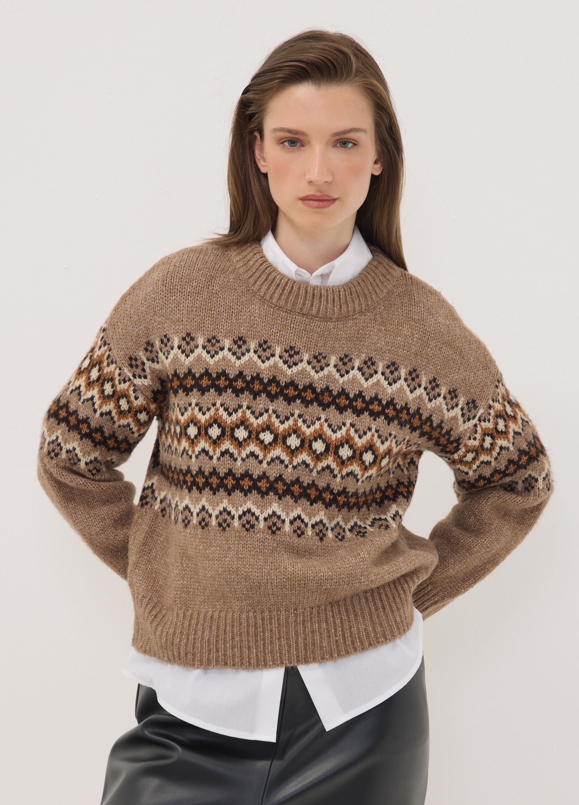 Brown jacquard jumper with high neck