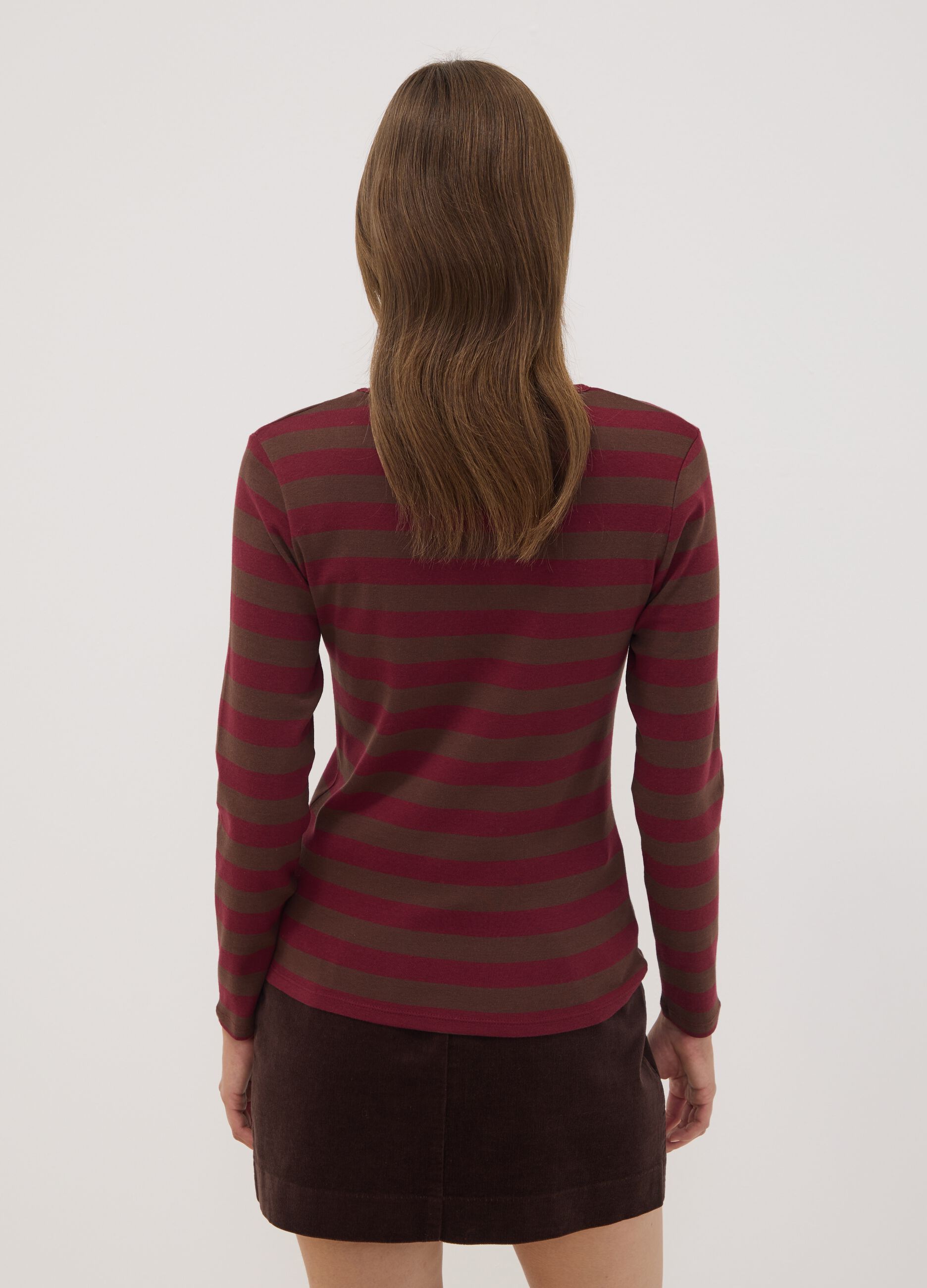 Brown striped pure cotton crew-neck T-shirt