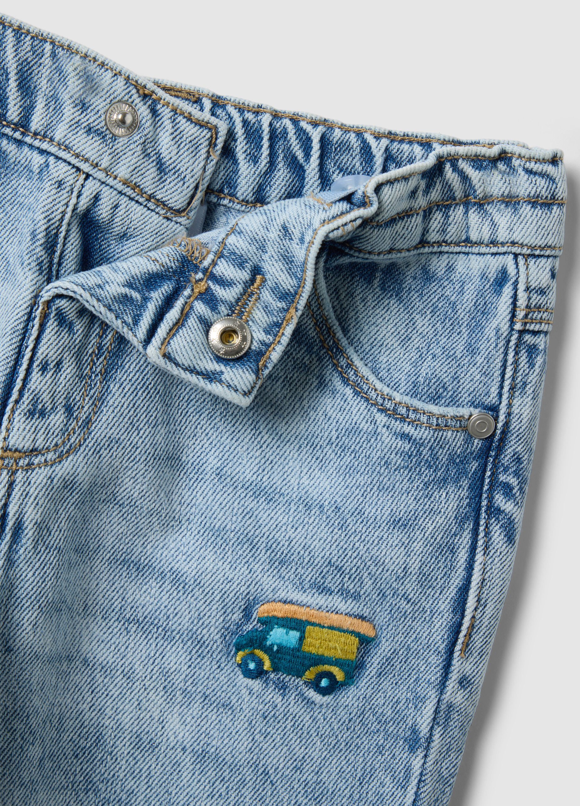 Regular fit blue cotton-blend trousers for boys with embroidered cars