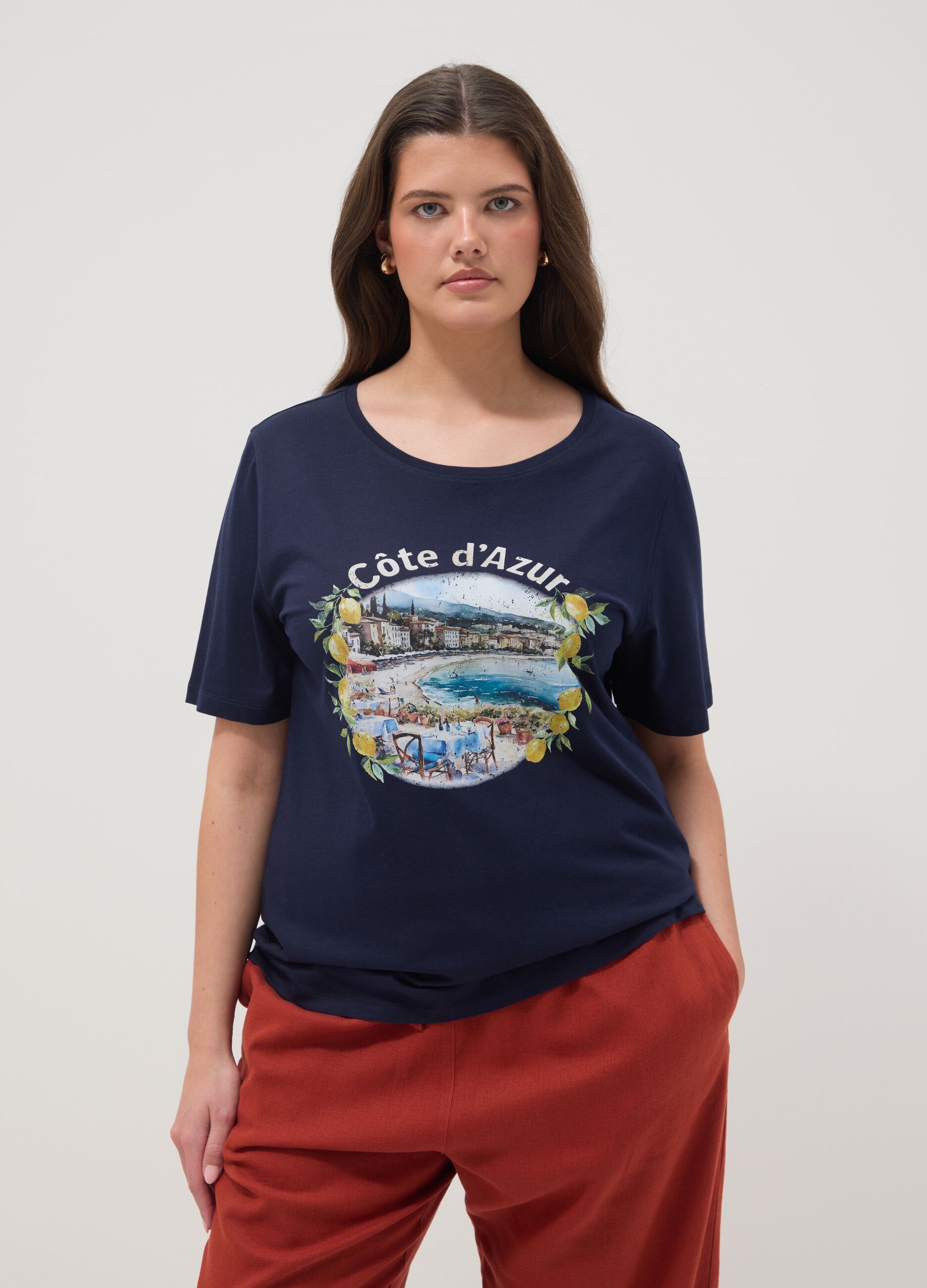 Blue pure cotton T-shirt regular fit with print