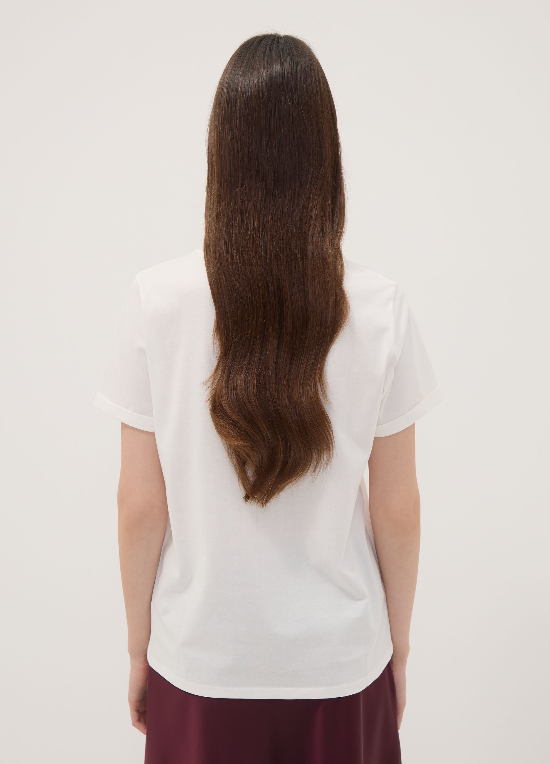 White pure cotton crew-neck T-shirt with floral print, regular fit