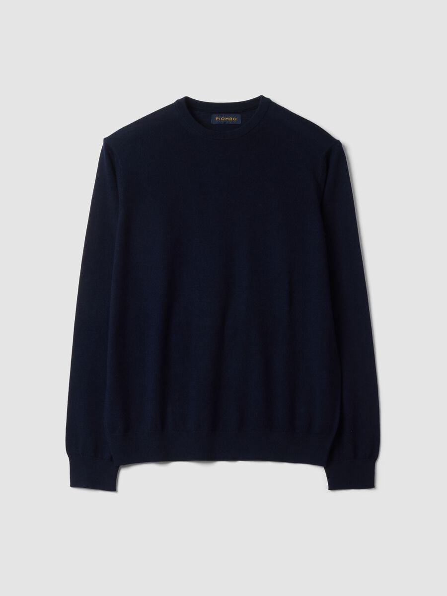 Navy blue crew-neck jumper in pure merino wool, regular fit_0