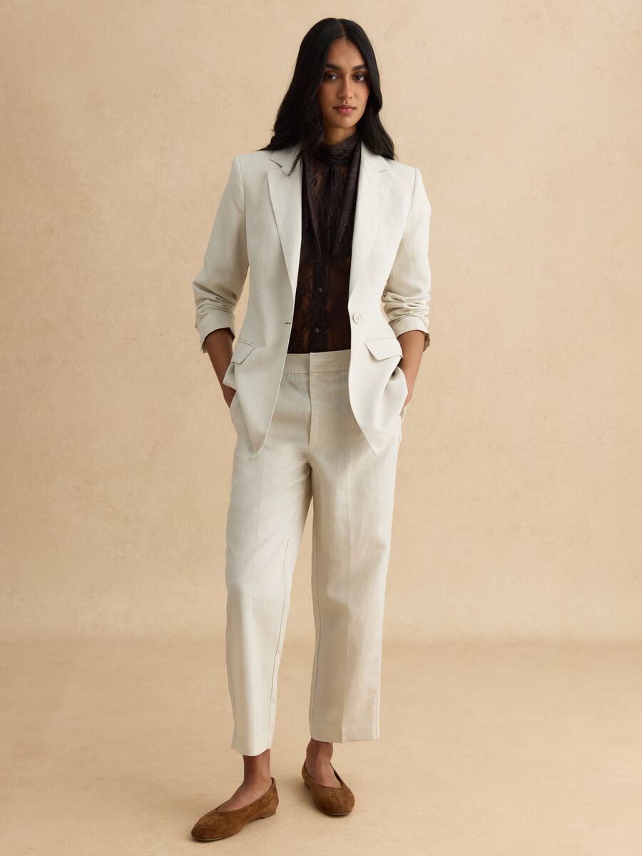 Beige Lyocell and Linen Blend Regular Fit Trousers_0