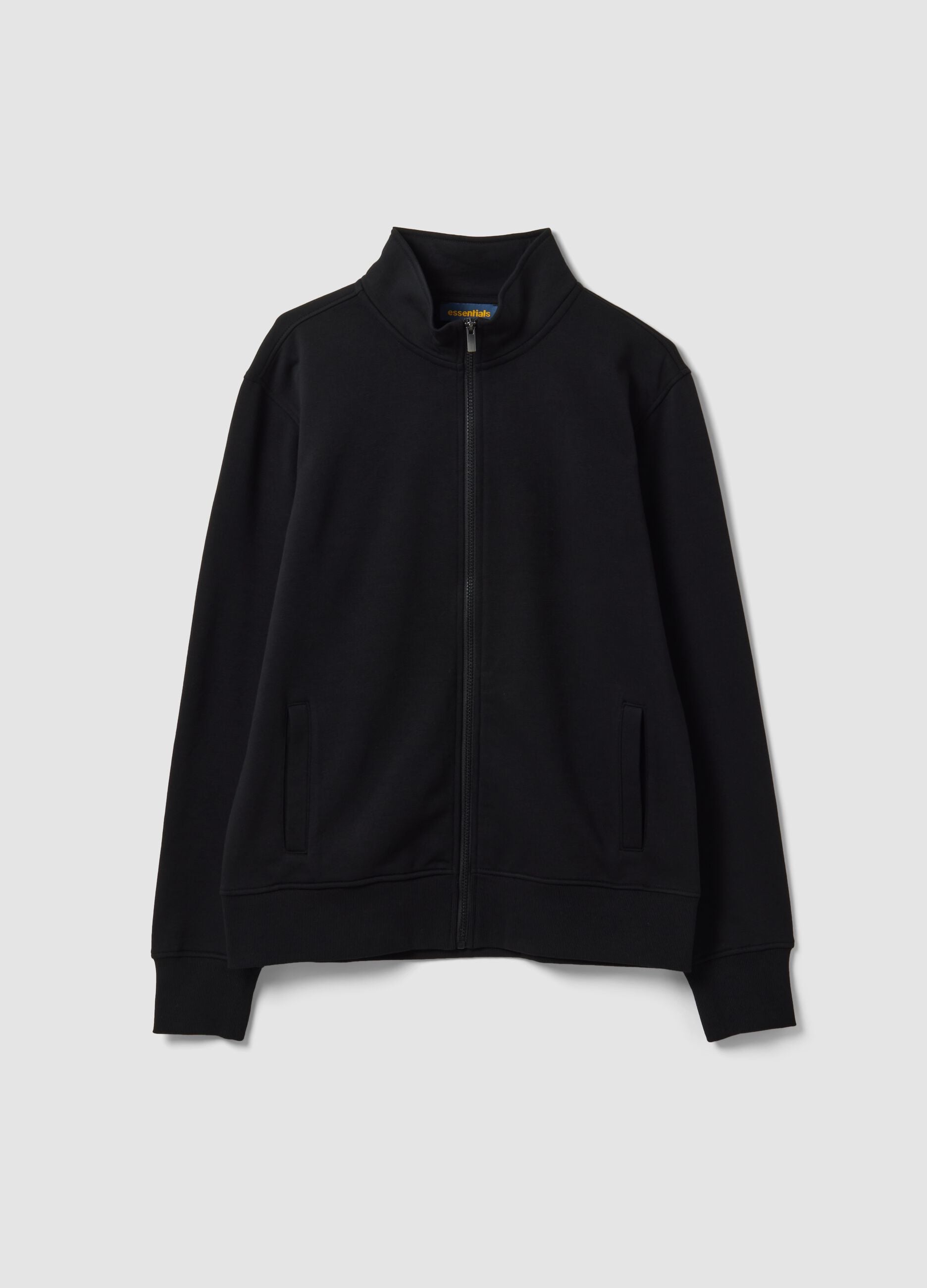 Black cotton-blend sweatshirt with crew neck and zip, regular fit