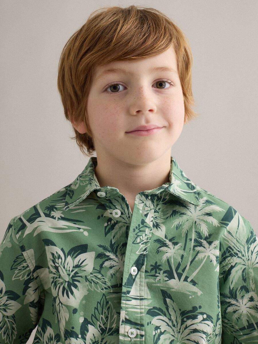 Green pure cotton shirt with tropical print_2