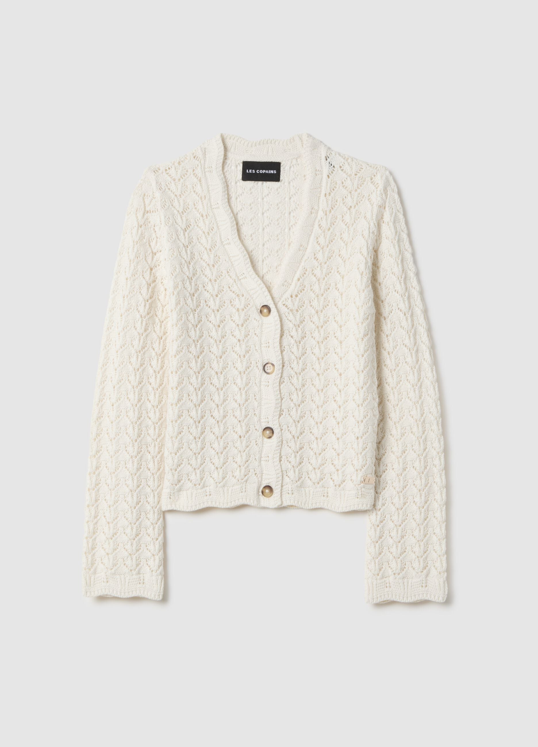 White pure cotton cardigan, regular fit deep V with openwork pattern