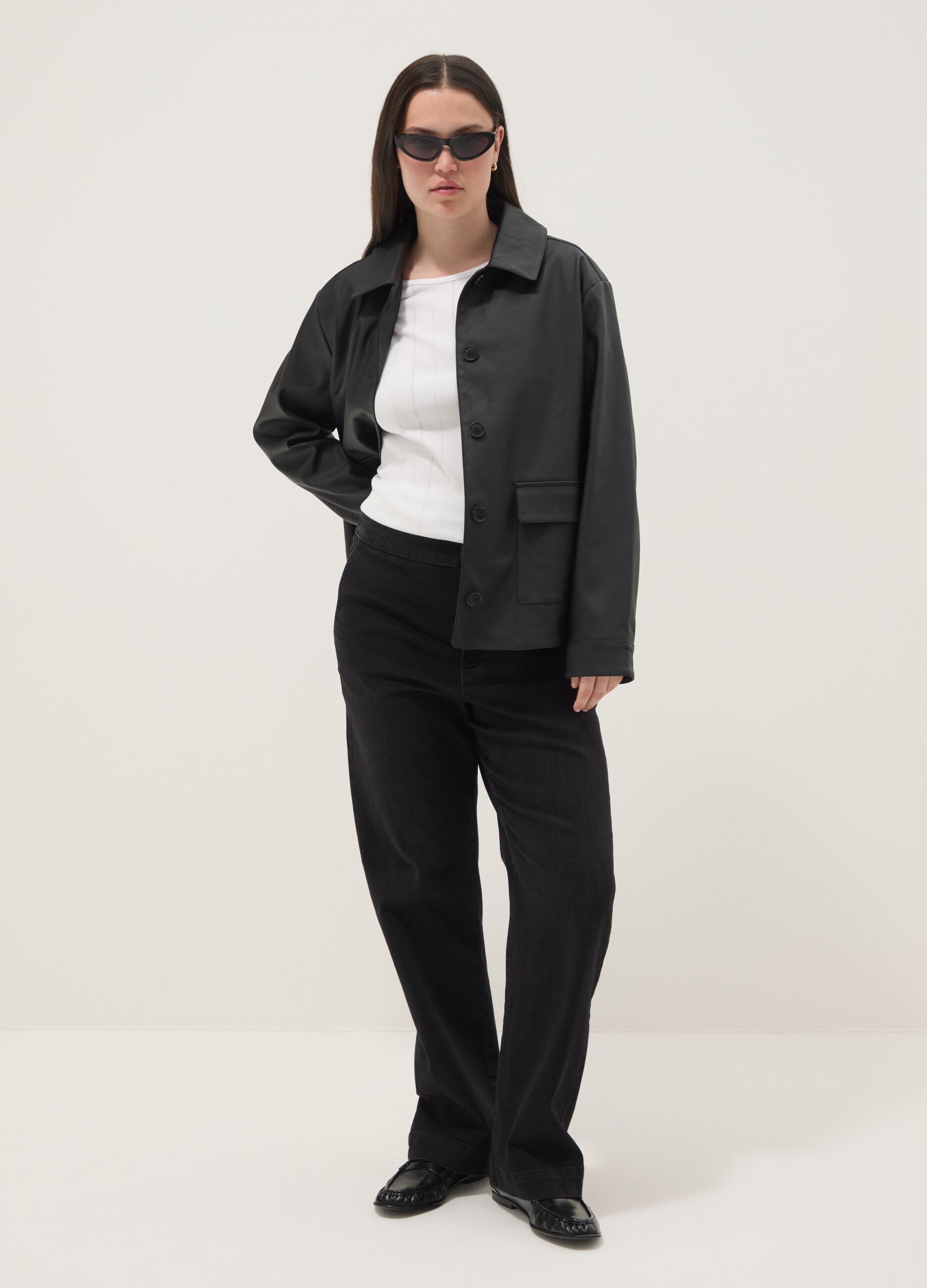 Black stretch cotton wide leg jeans