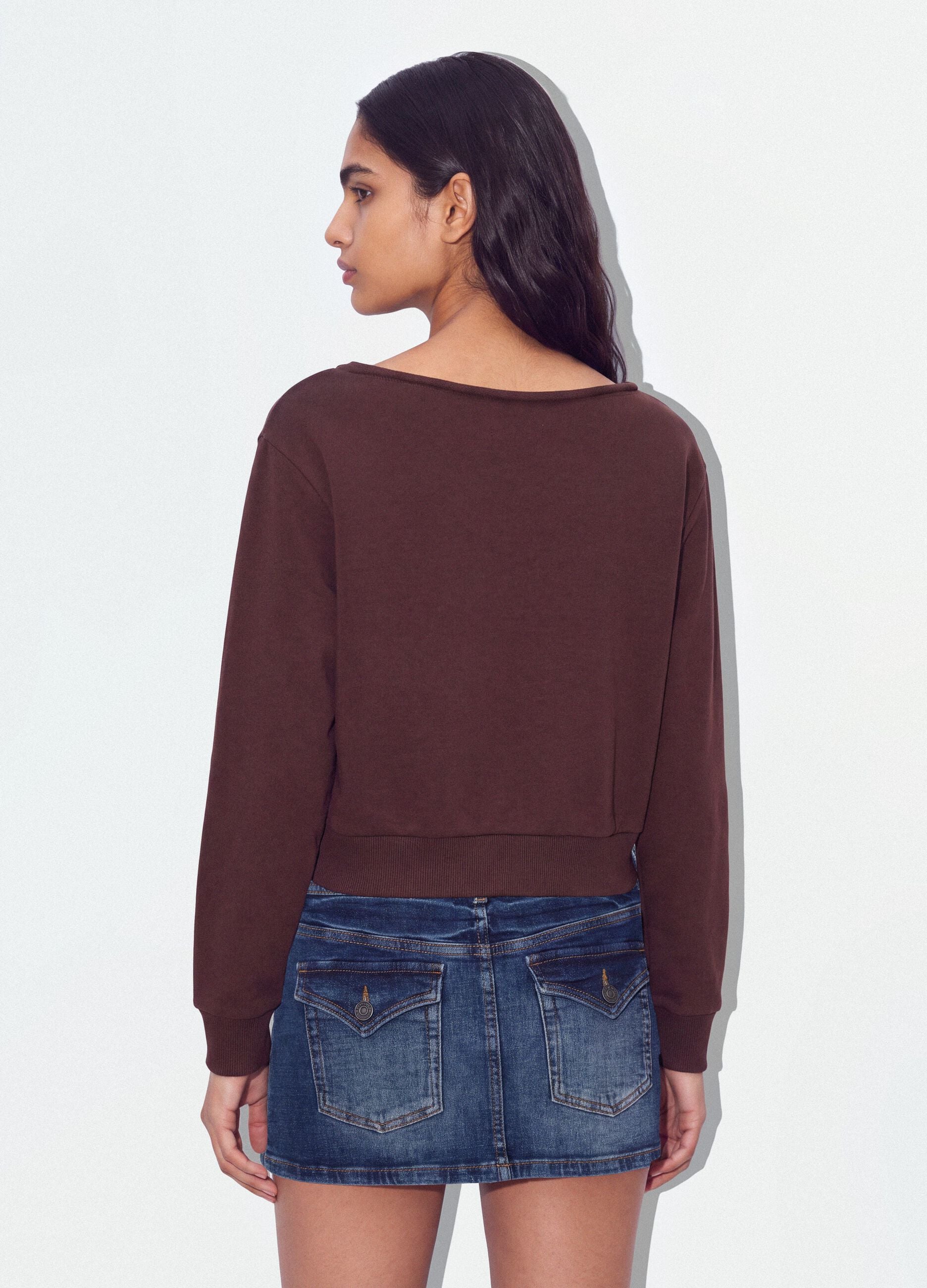 Brown cotton-blend sweatshirt with wide neckline, regular fit