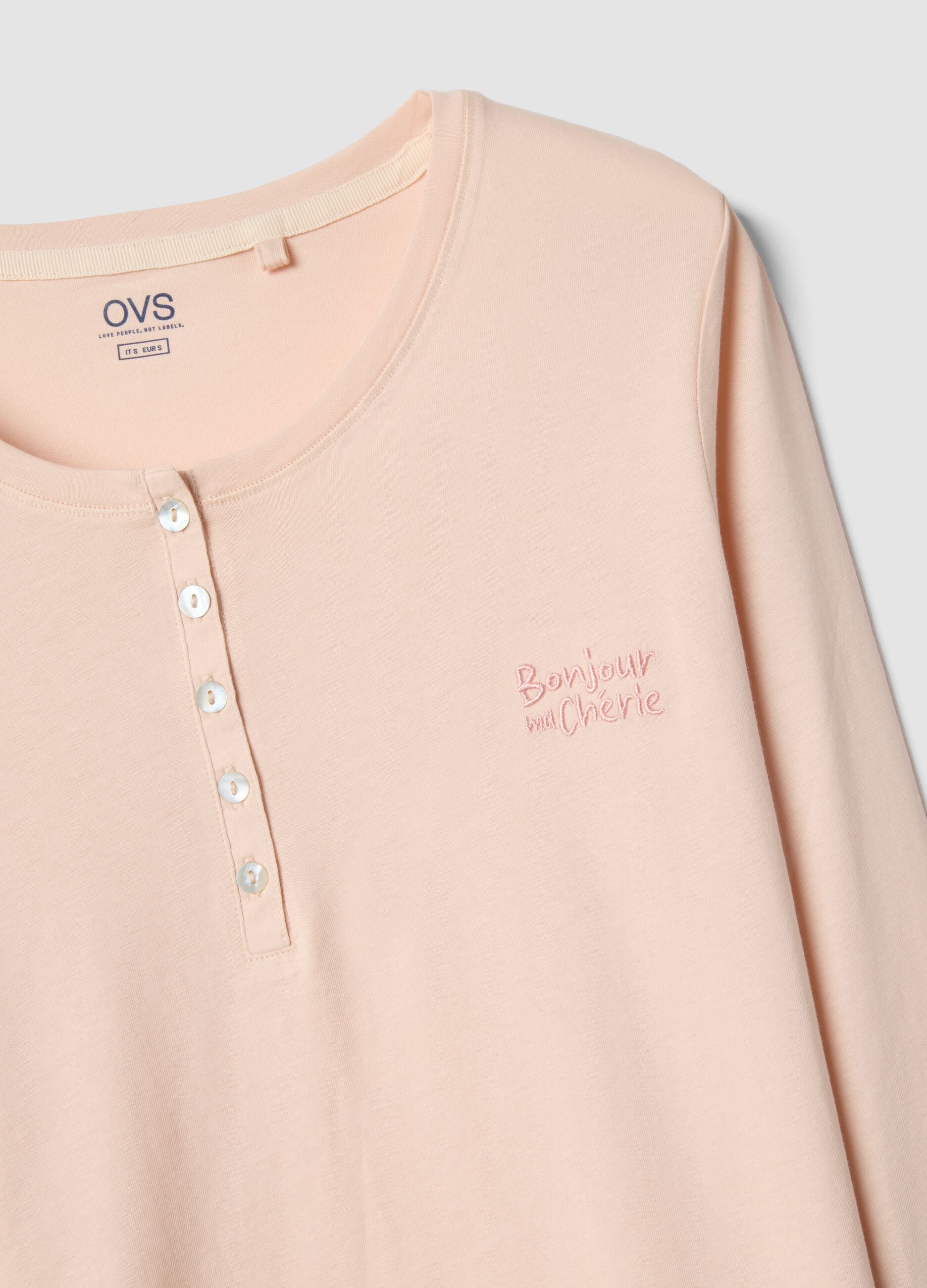 Pink pure cotton pyjamas with regular fit and Henley neckline