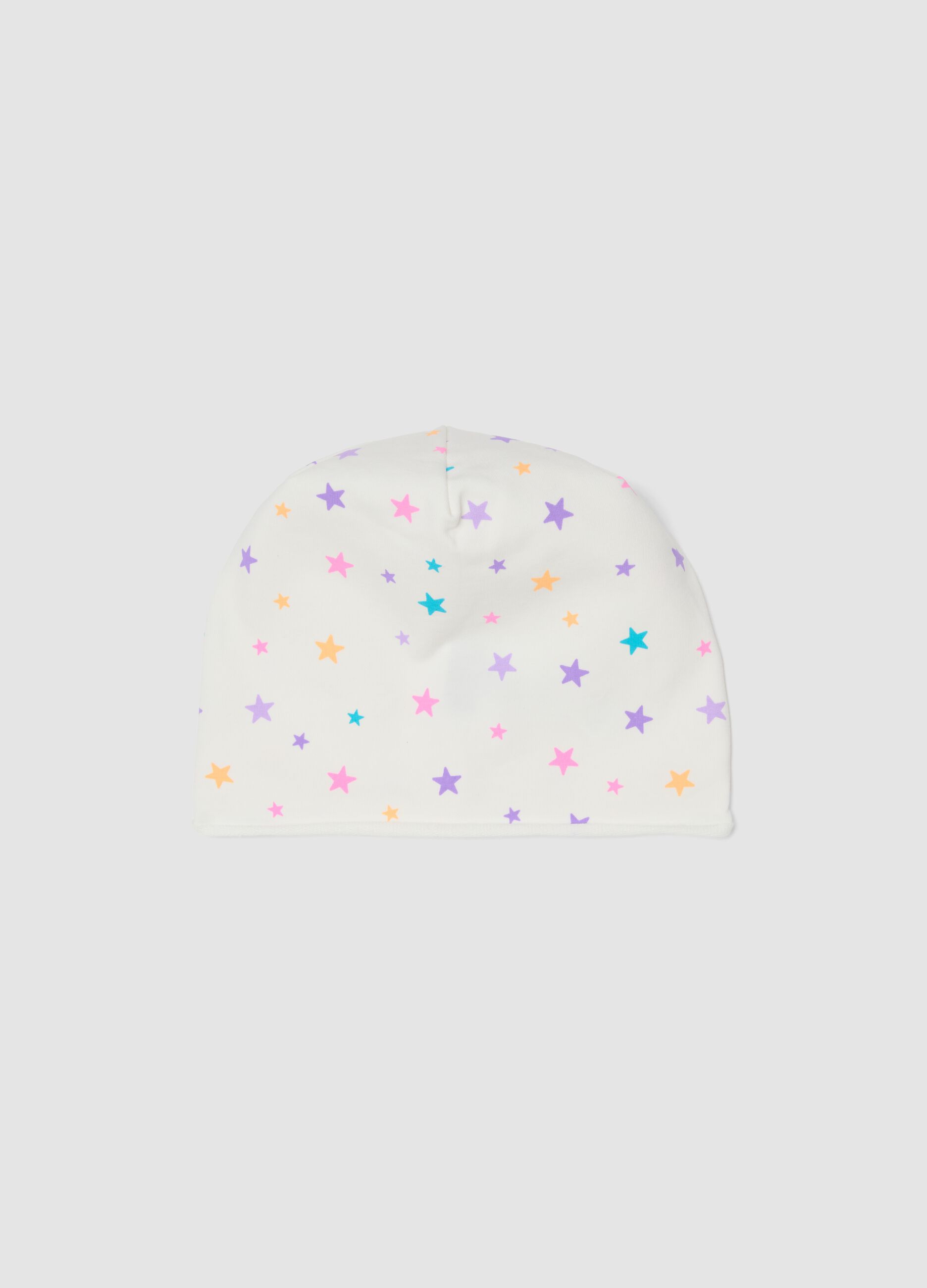 White stretch cotton hat with star print for girls