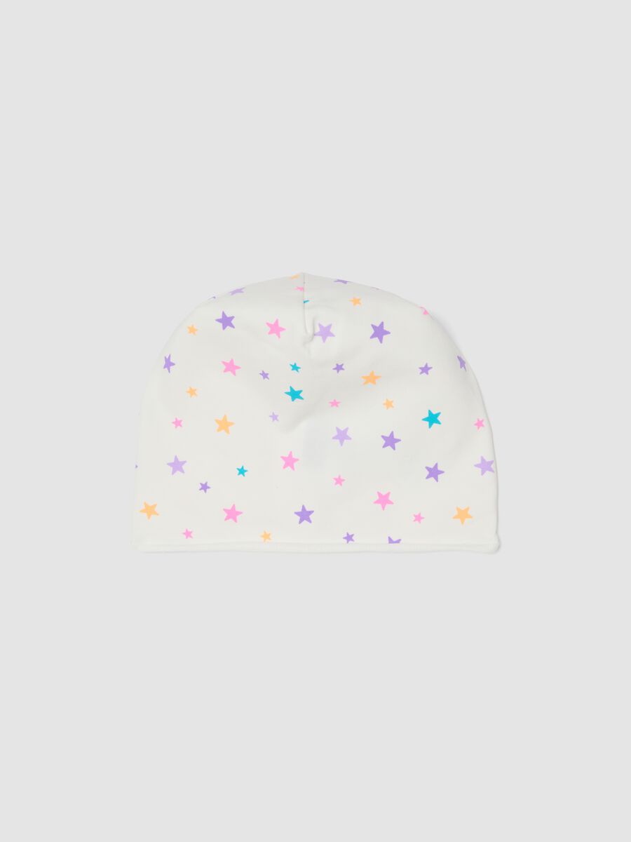 White stretch cotton hat with star print for girls_0