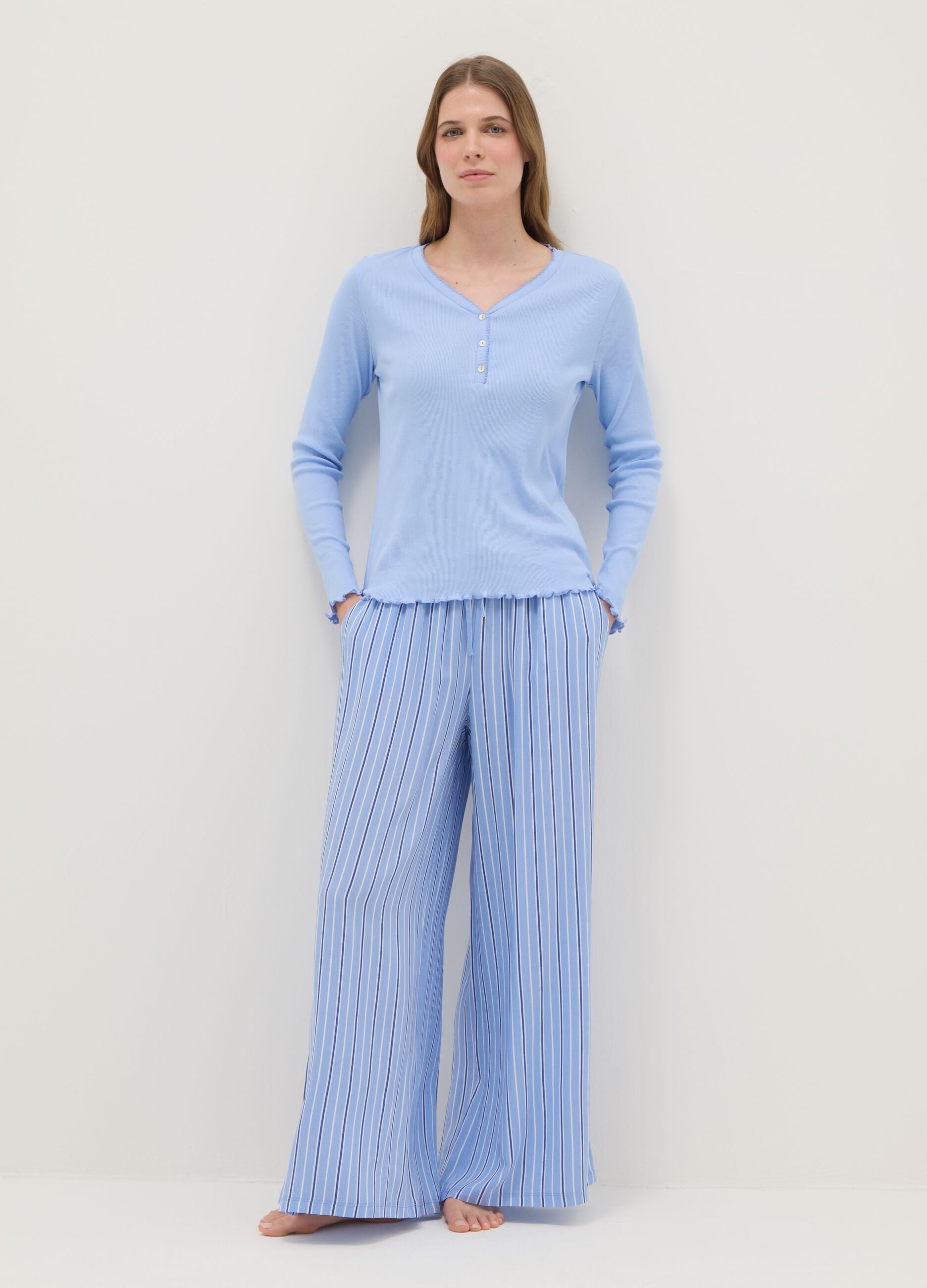 Pure cotton light blue regular fit pyjama top with Henley collar