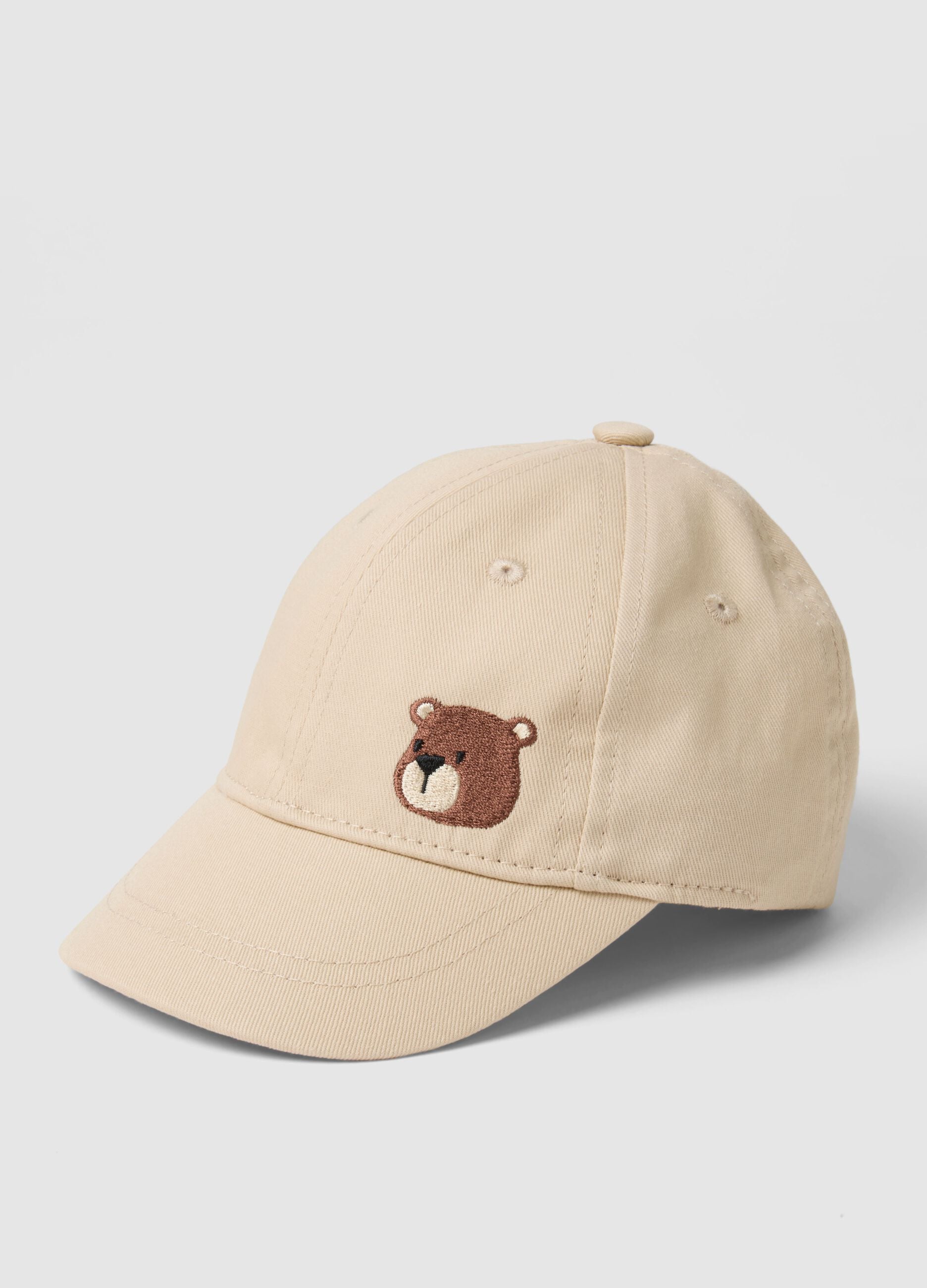 Children's beige pure cotton baseball cap with teddy bear