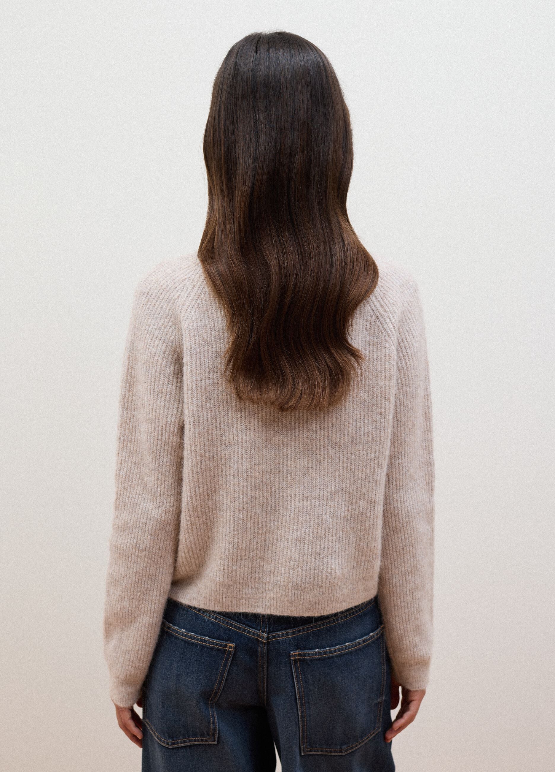 Beige crew-neck cardigan in stretchy wool and alpaca, regular fit