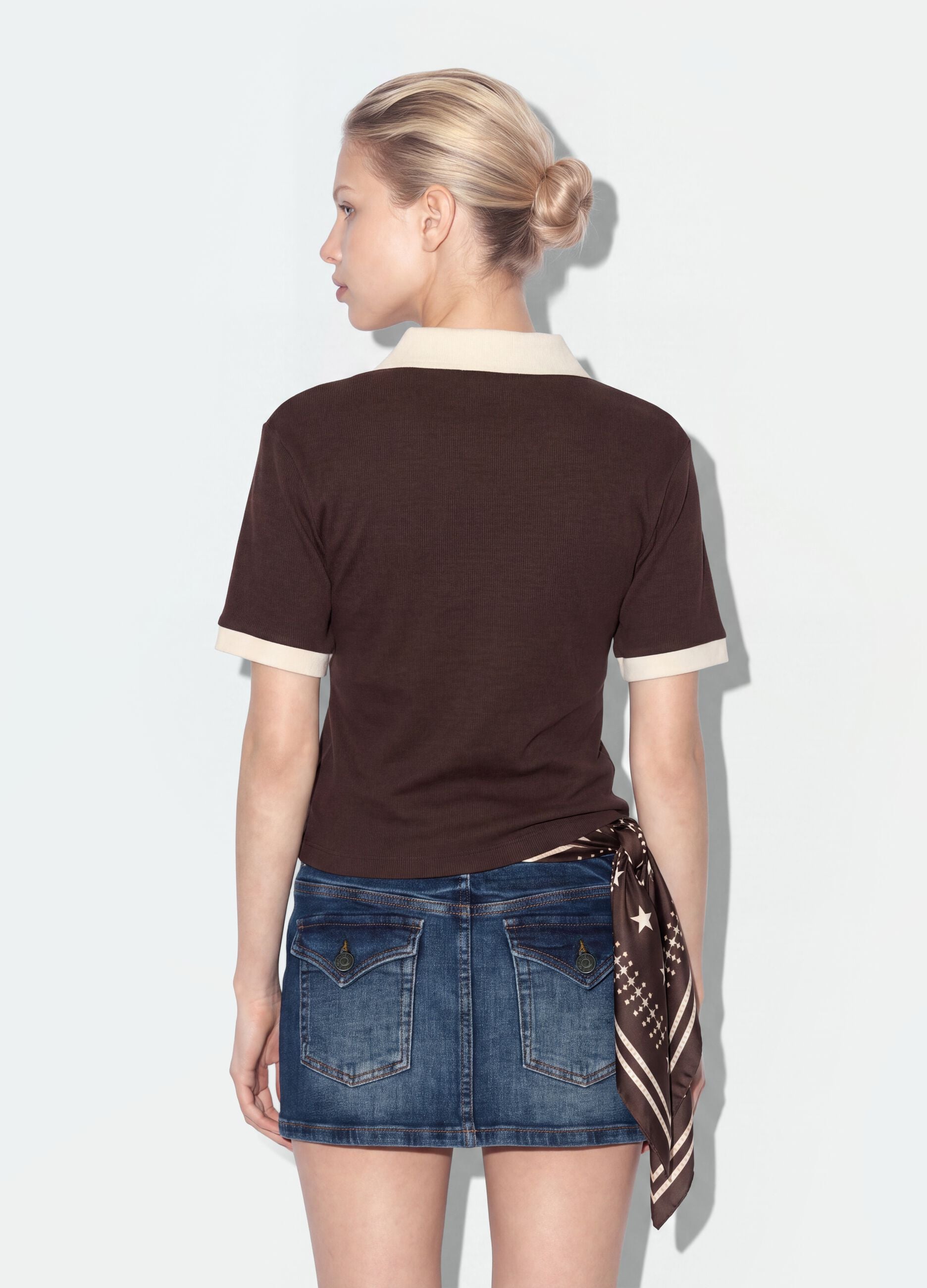 Brown cropped stretch-cotton polo with print, regular fit