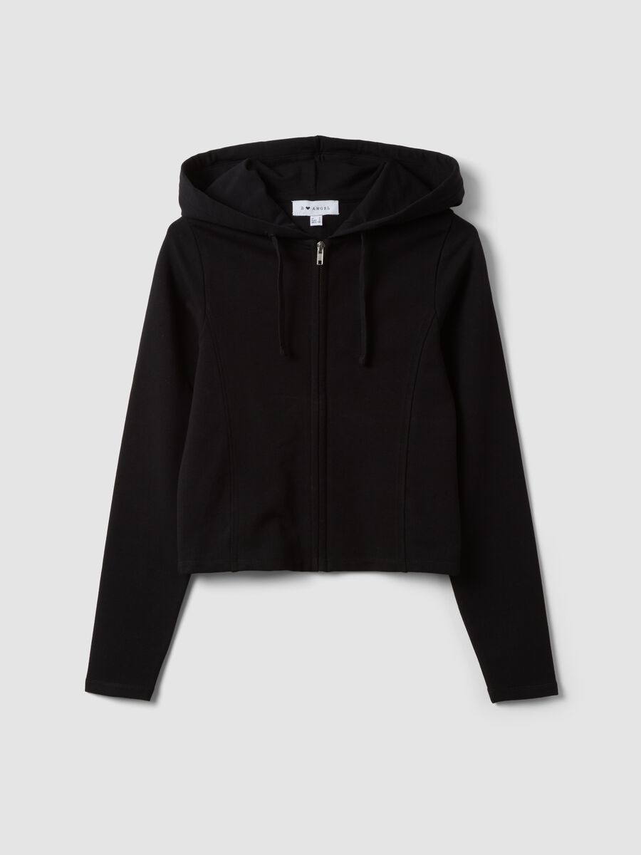Felpa full zip nera in puro cotone con cappuccio fitted_0