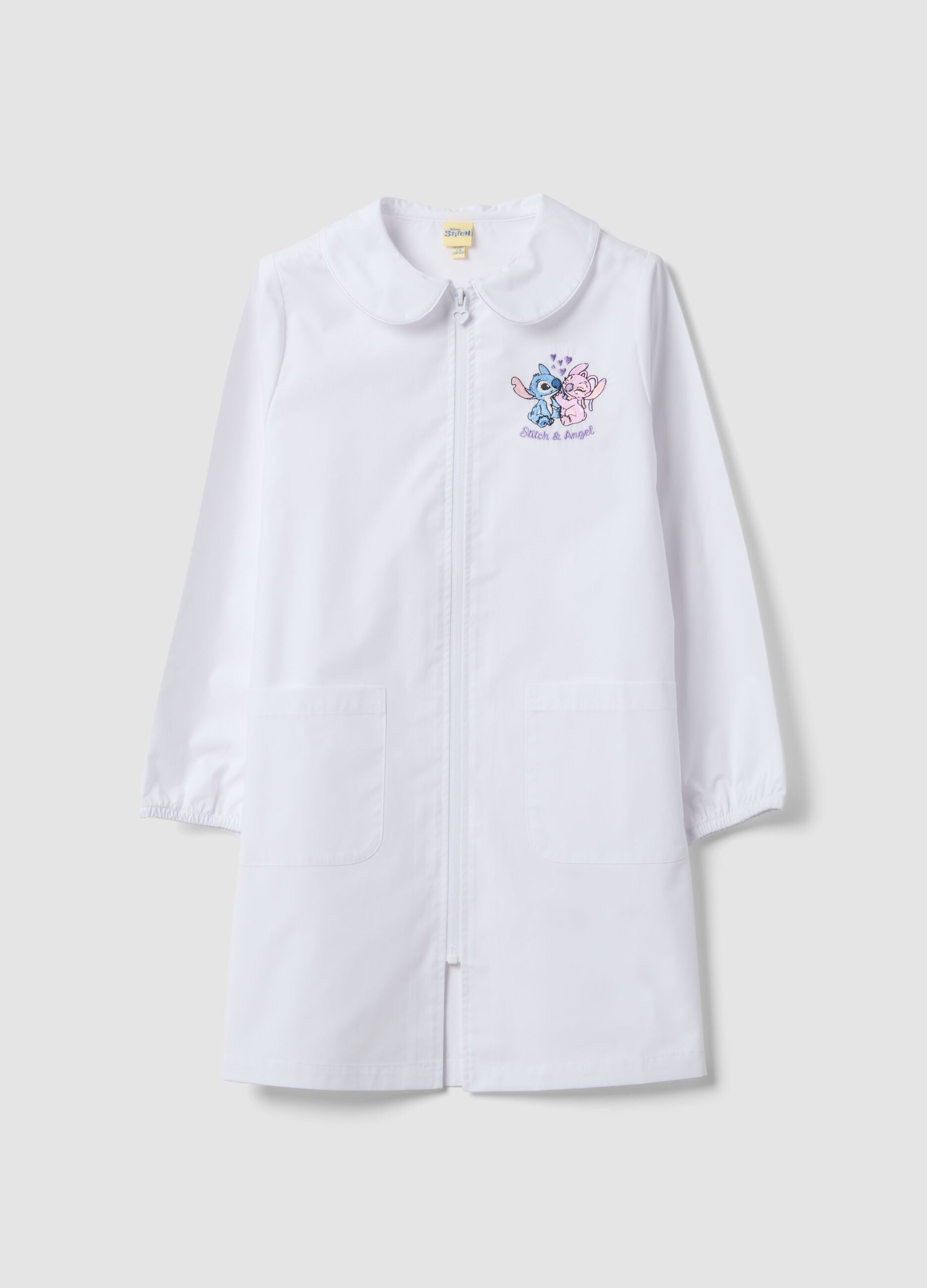 White girls&rsquo; school apron with zip and Stitch embroidery