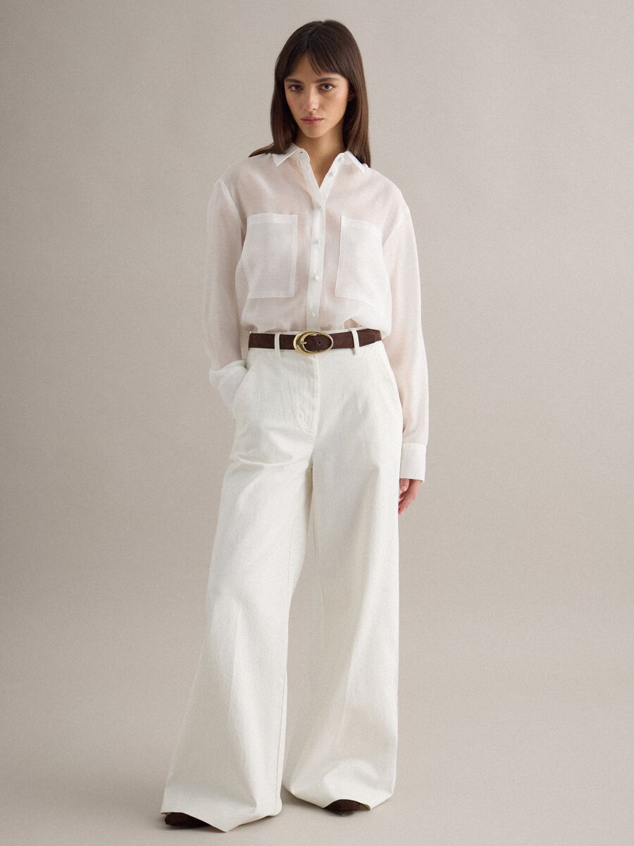 White Stretch Denim Wide Leg Trousers_1