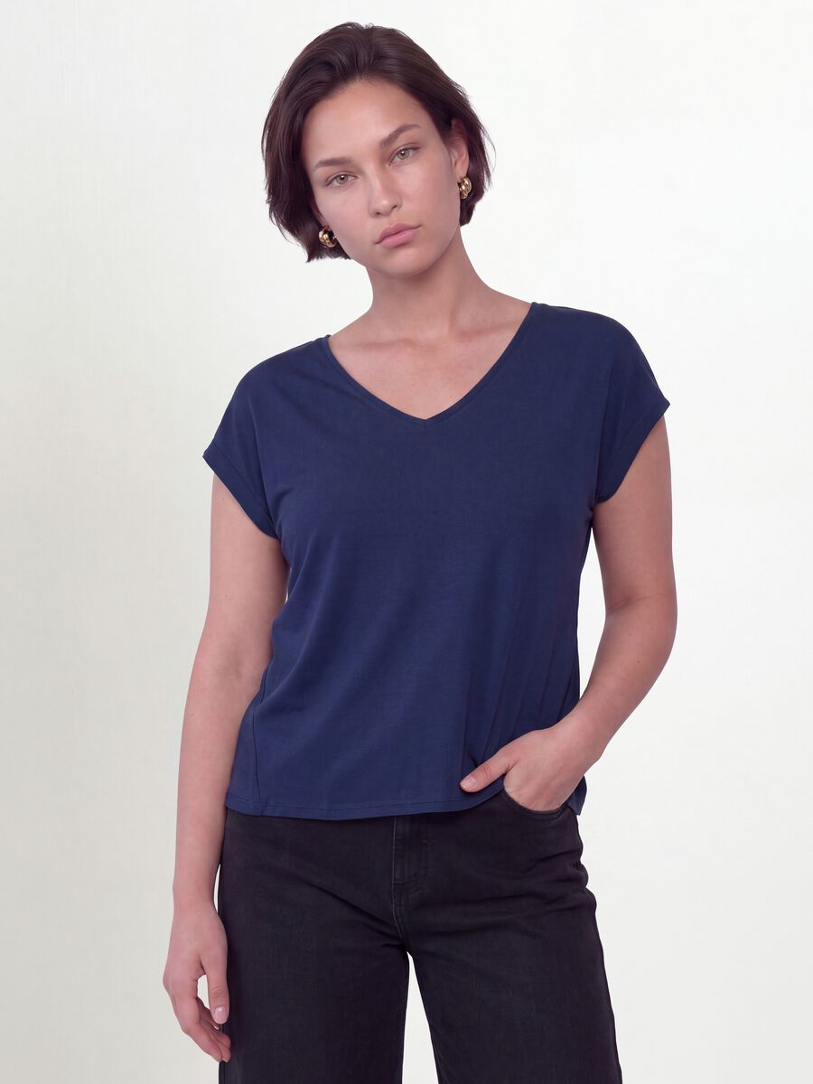 Blue pure viscose V-neck T-shirt, regular fit_1