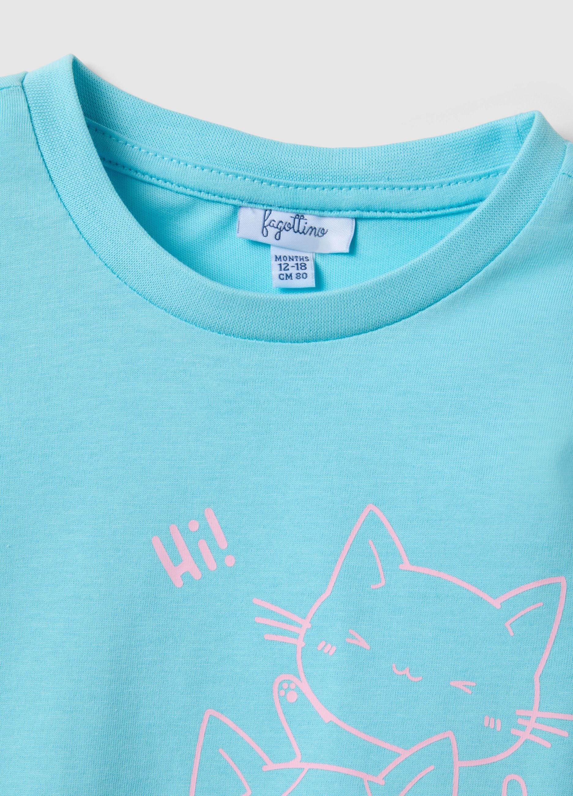 Sky blue pure cotton girl's t-shirt with cat print, regular fit