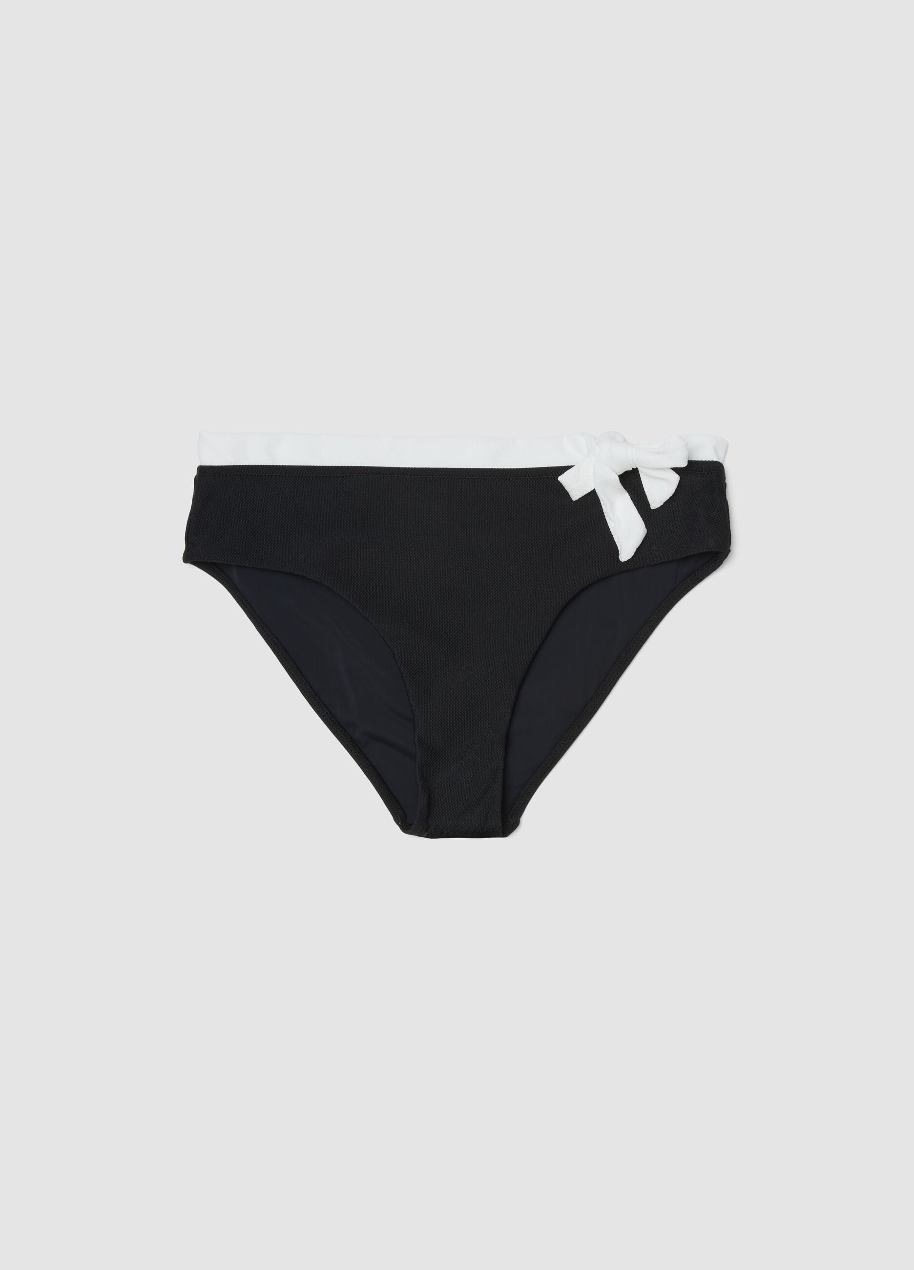 Black stretch bikini bottoms with white drawstring