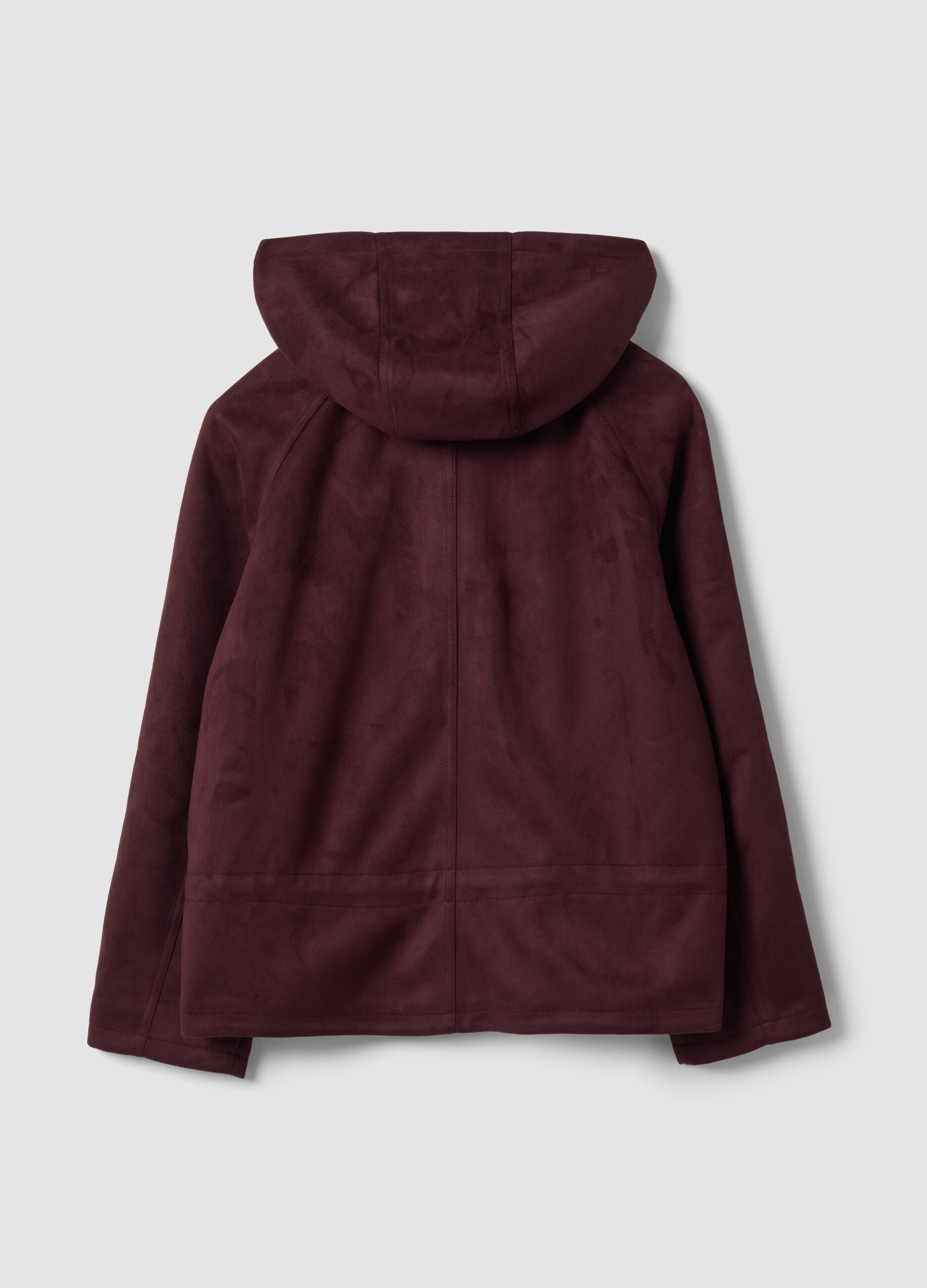 Purple hooded parka with zip and press-stud fastening