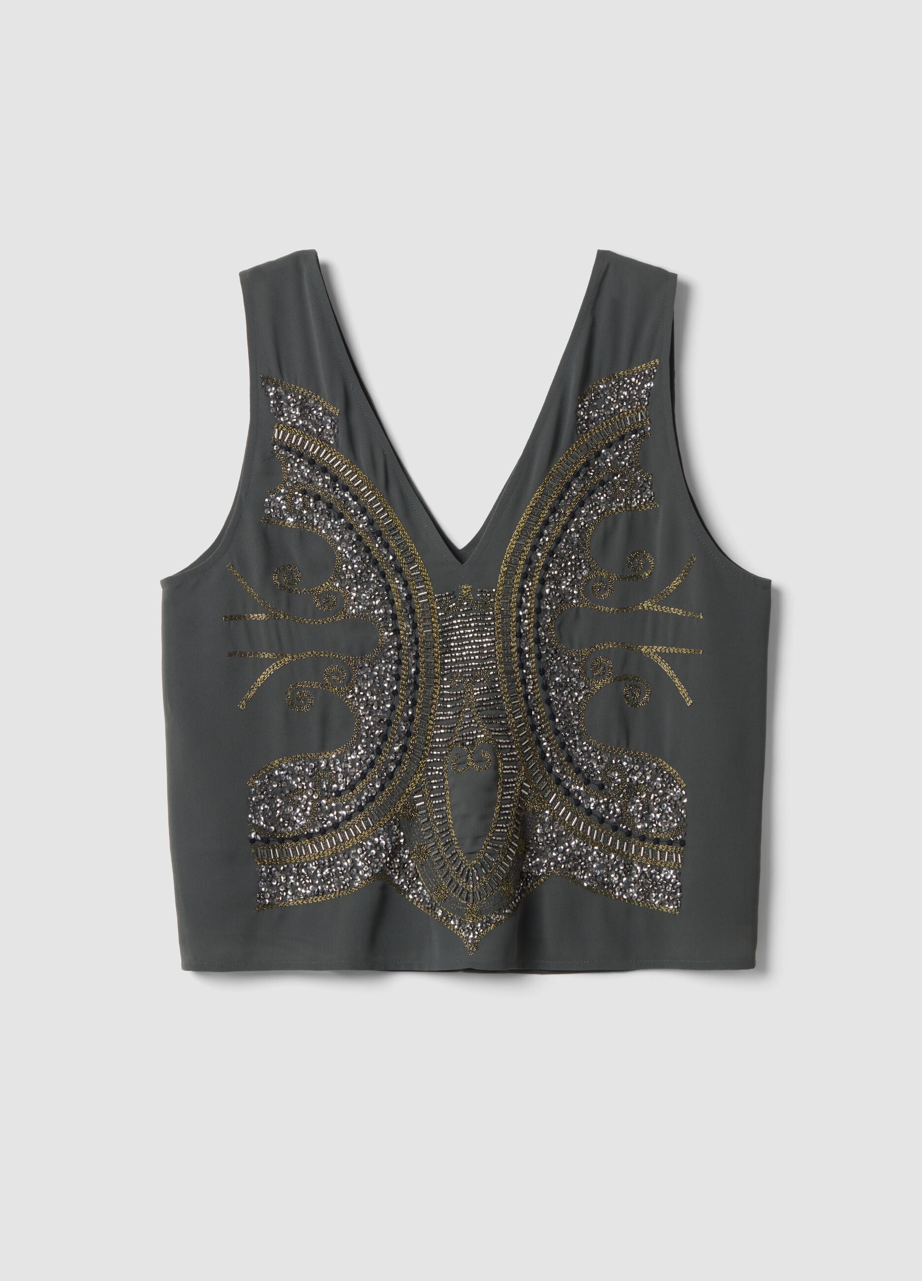 Grey embroidered V-neck top