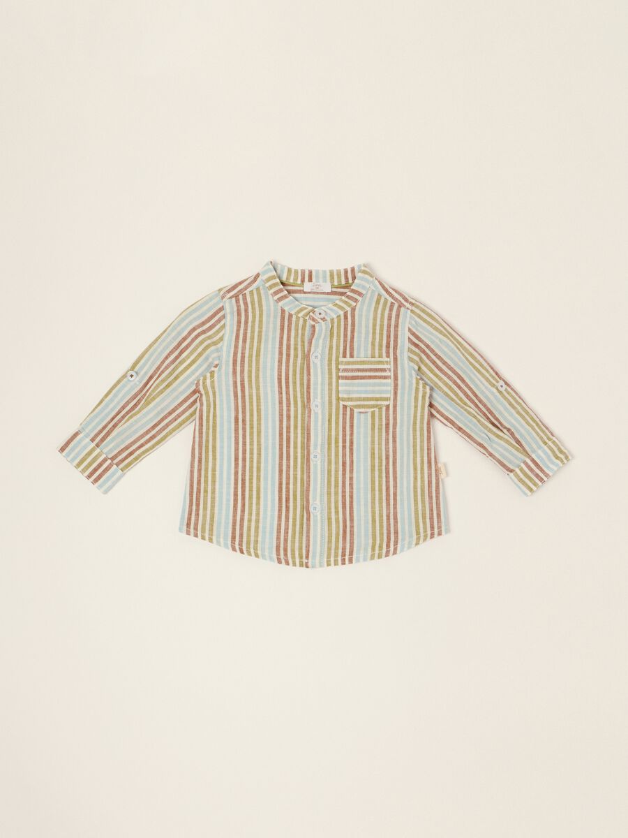 Camicia a righe con collo coreano in misto cotone e lino da neonato regular fit_0