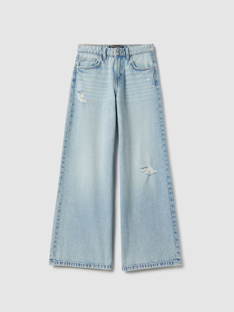 Blue wide leg pure cotton jeans with rips_4