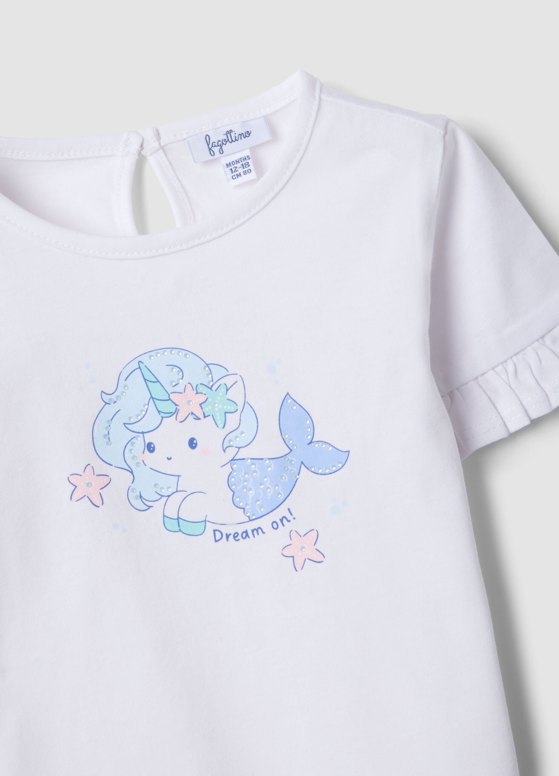 Girls&rsquo; white organic cotton T-shirt with print and frill sleeves
