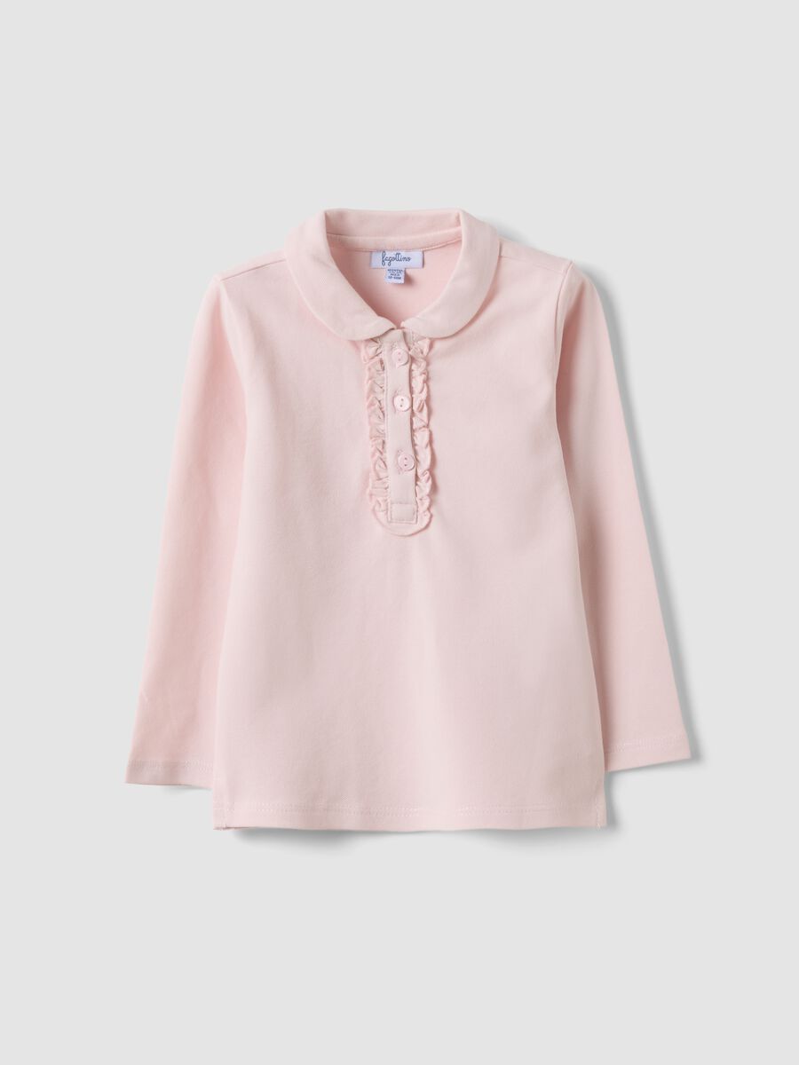 Pink stretch organic cotton polo shirt with ruffle details for baby girl_0