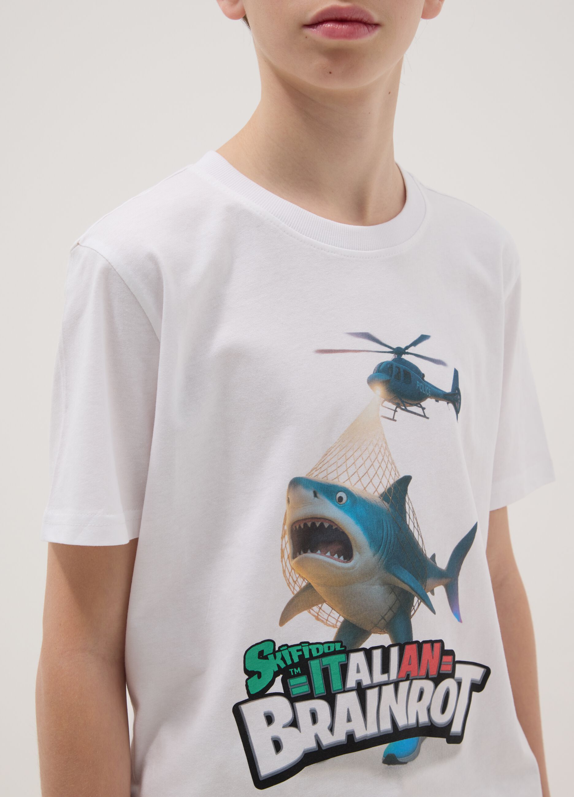 Boys' white pure cotton t-shirt regular fit with print