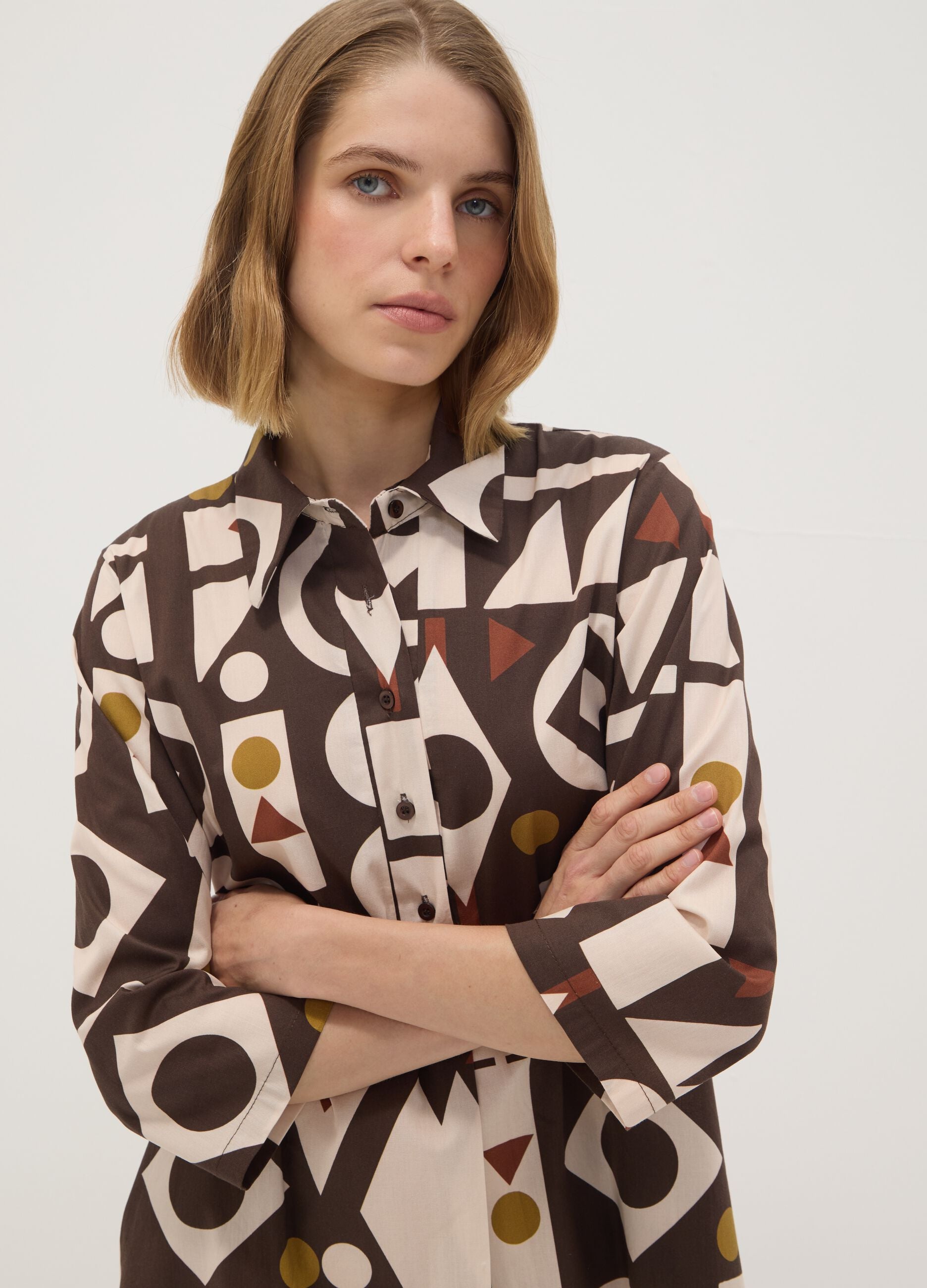 Brown stretch-cotton dress with geometric pattern, regular fit