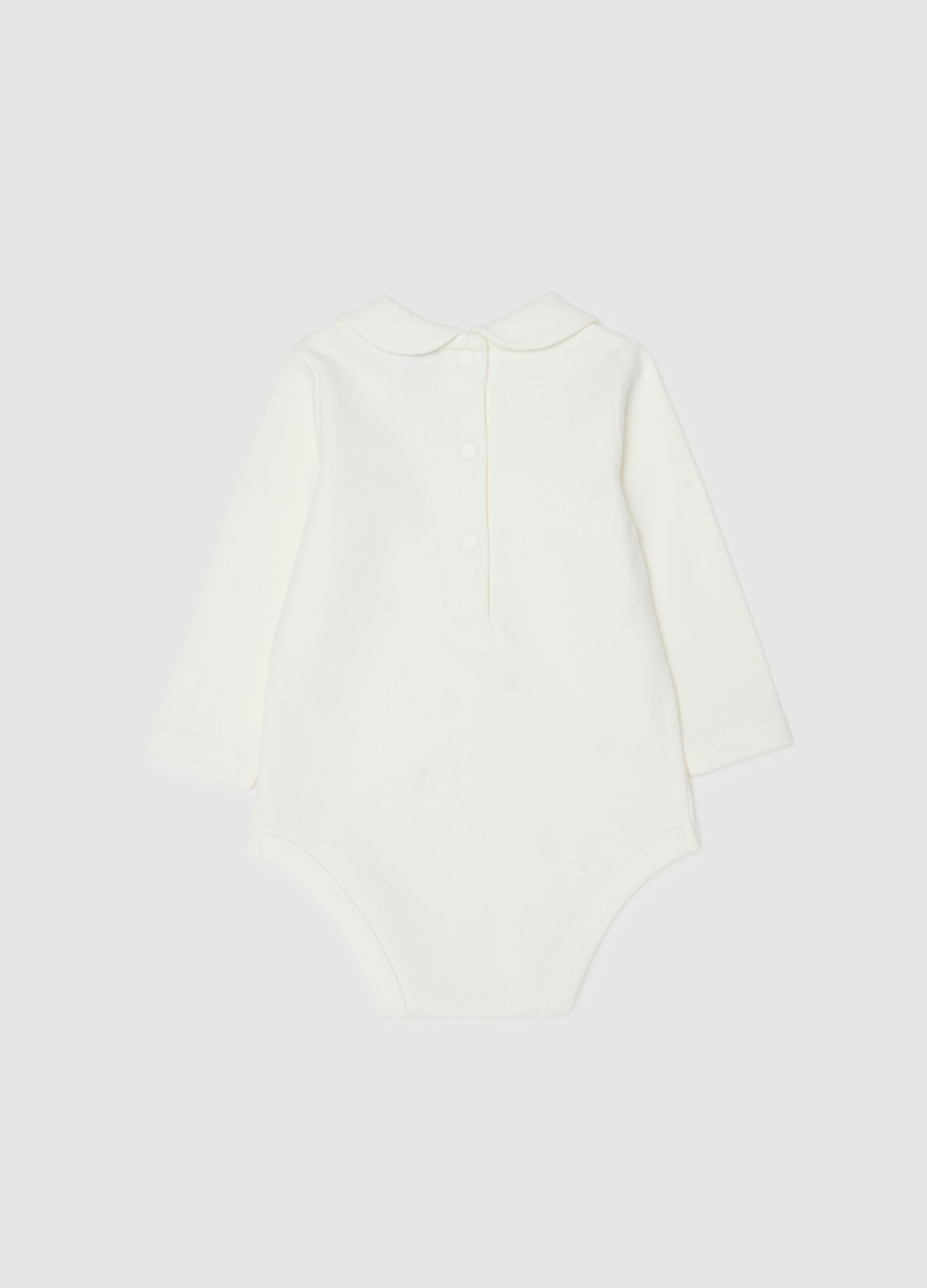 White baby girl's bodysuit in pure cotton with collar and embroidery