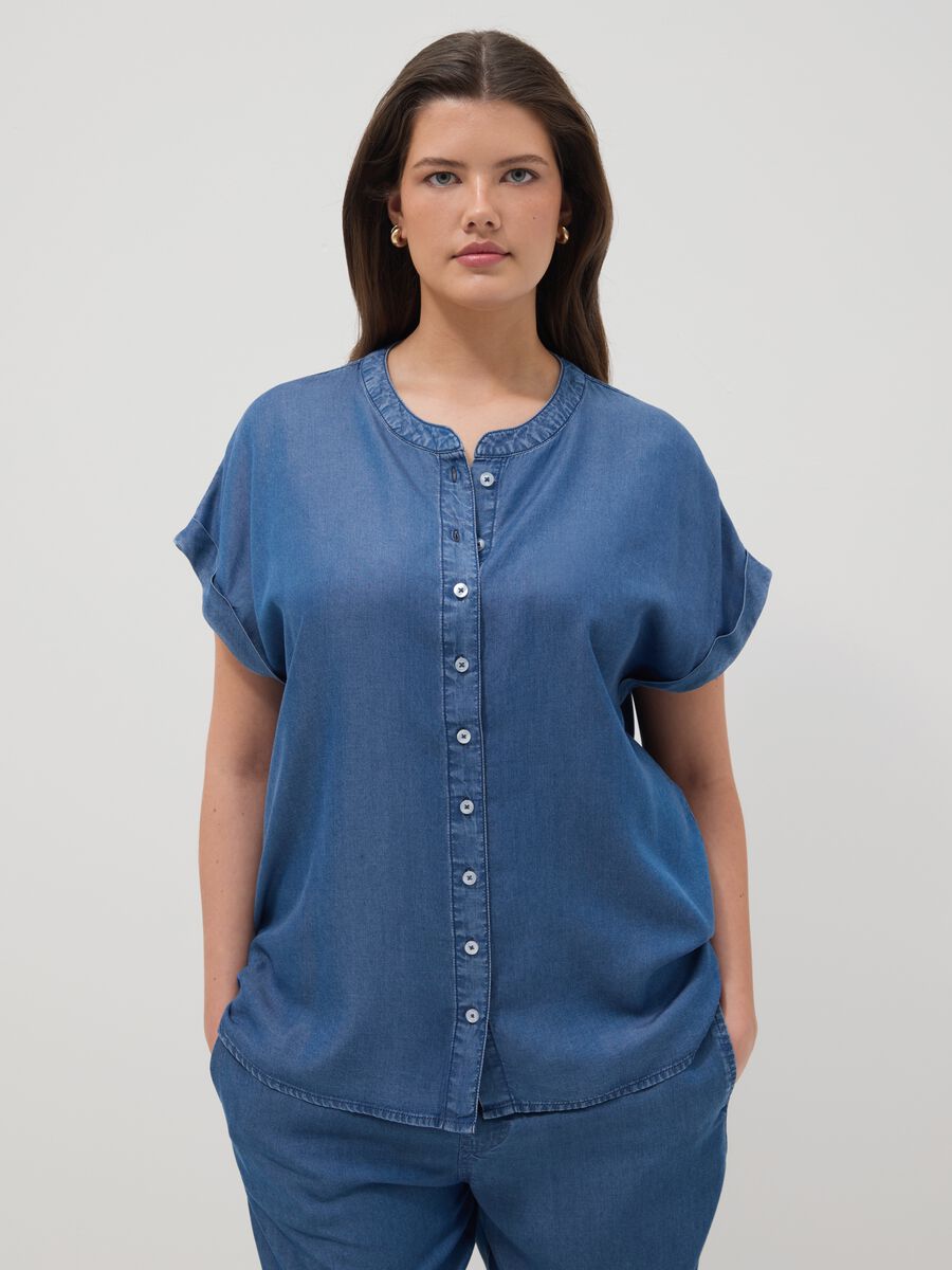 Pure Blue Lyocell Blouse Regular Fit with Mandarin Collar_0