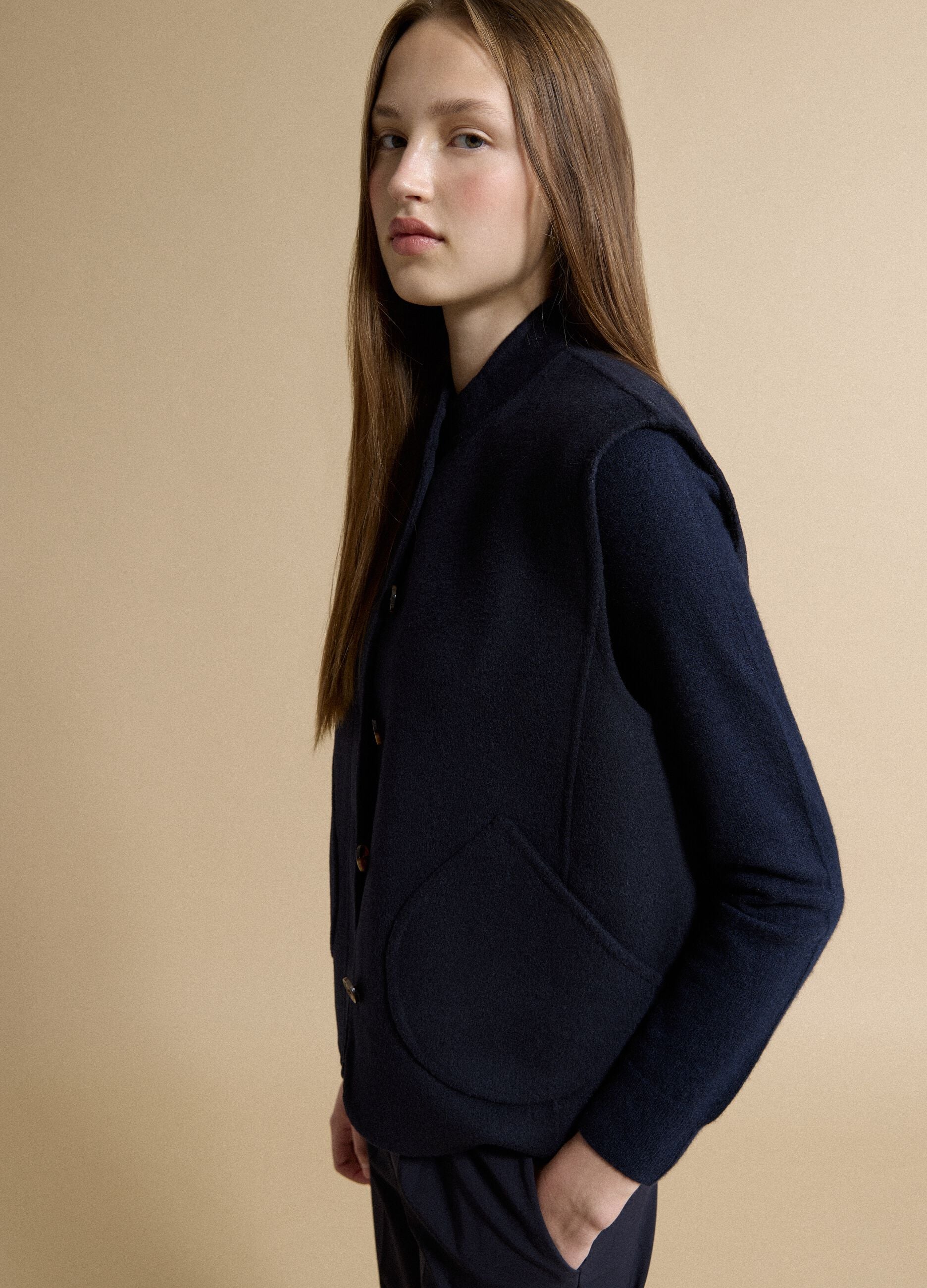 Blue wool-viscose blend gilet with patch pockets