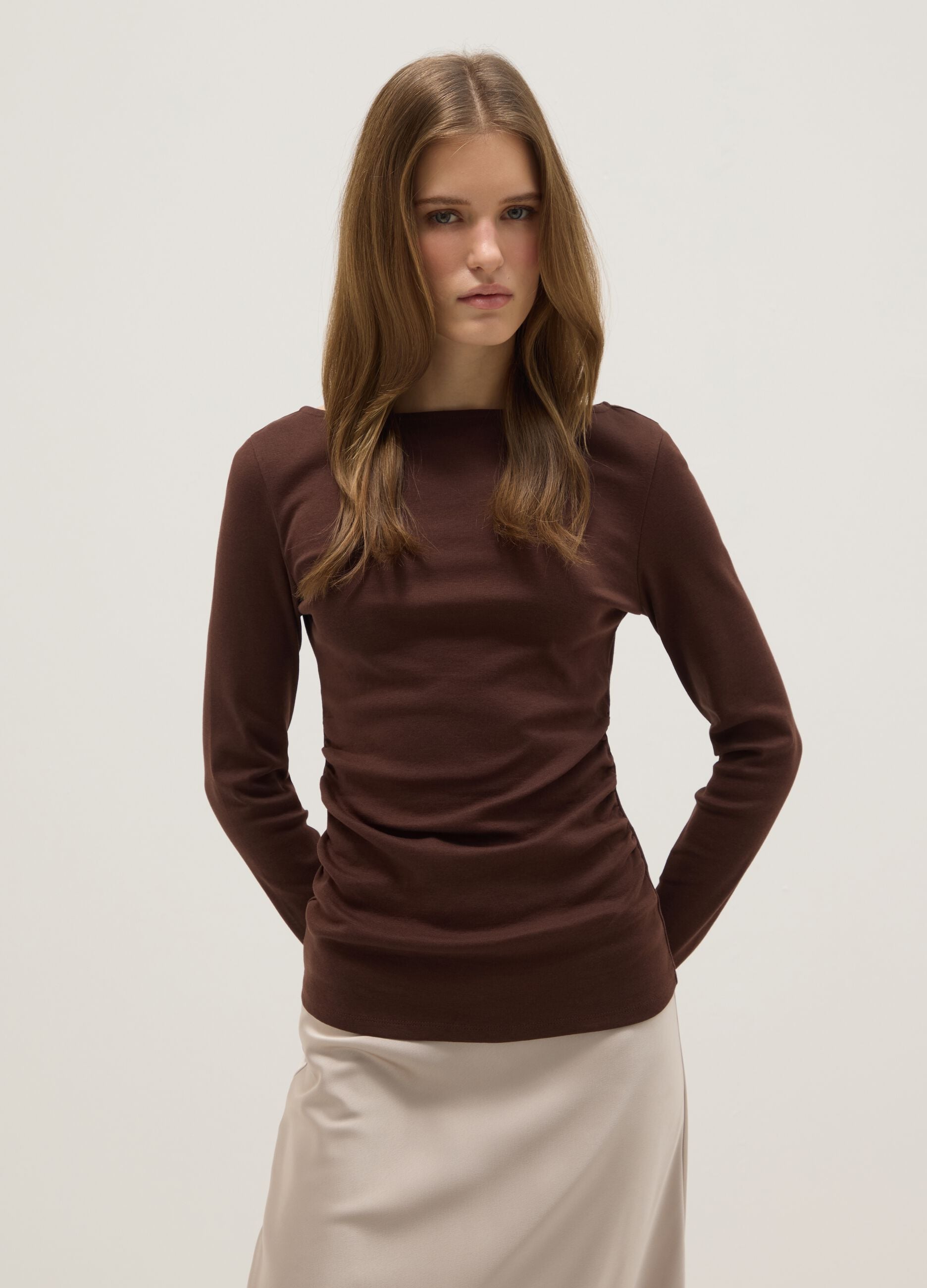 Brown long sleeve pure cotton regular fit T-shirt