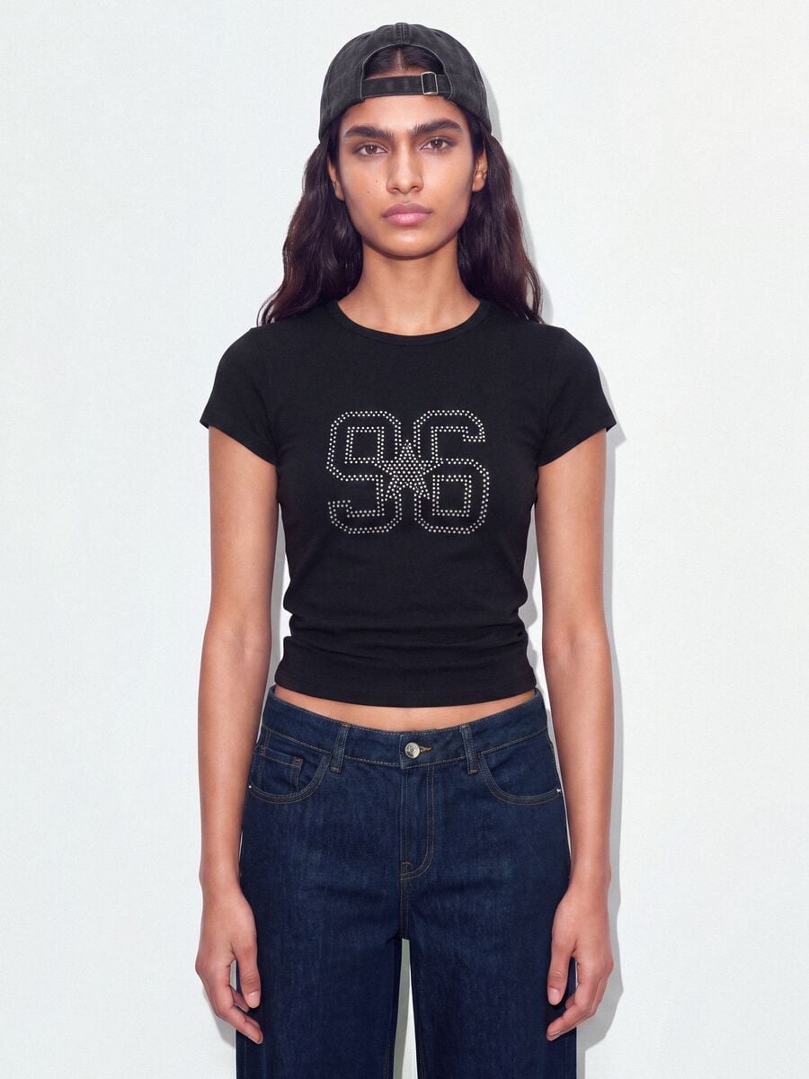 Black fitted stretch-cotton T-shirt with rhinestone embellishment_0