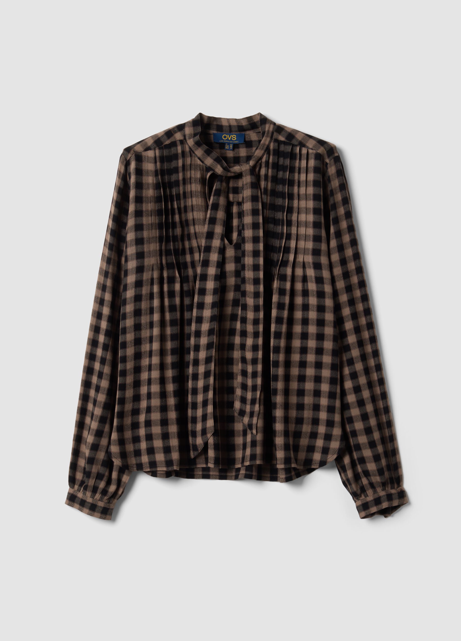 Brown checked pure viscose shirt with bow tie
