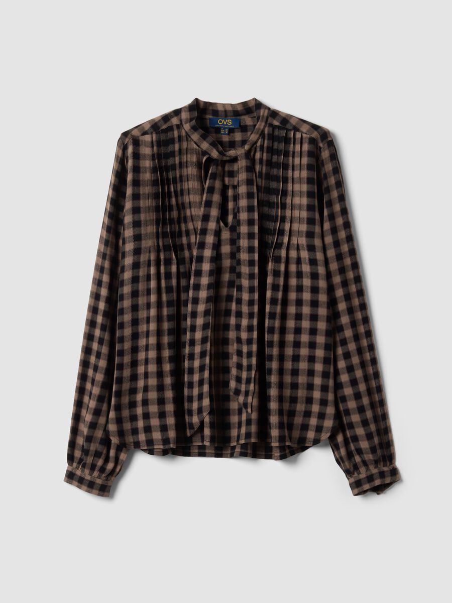 Brown checked pure viscose shirt with bow tie_0