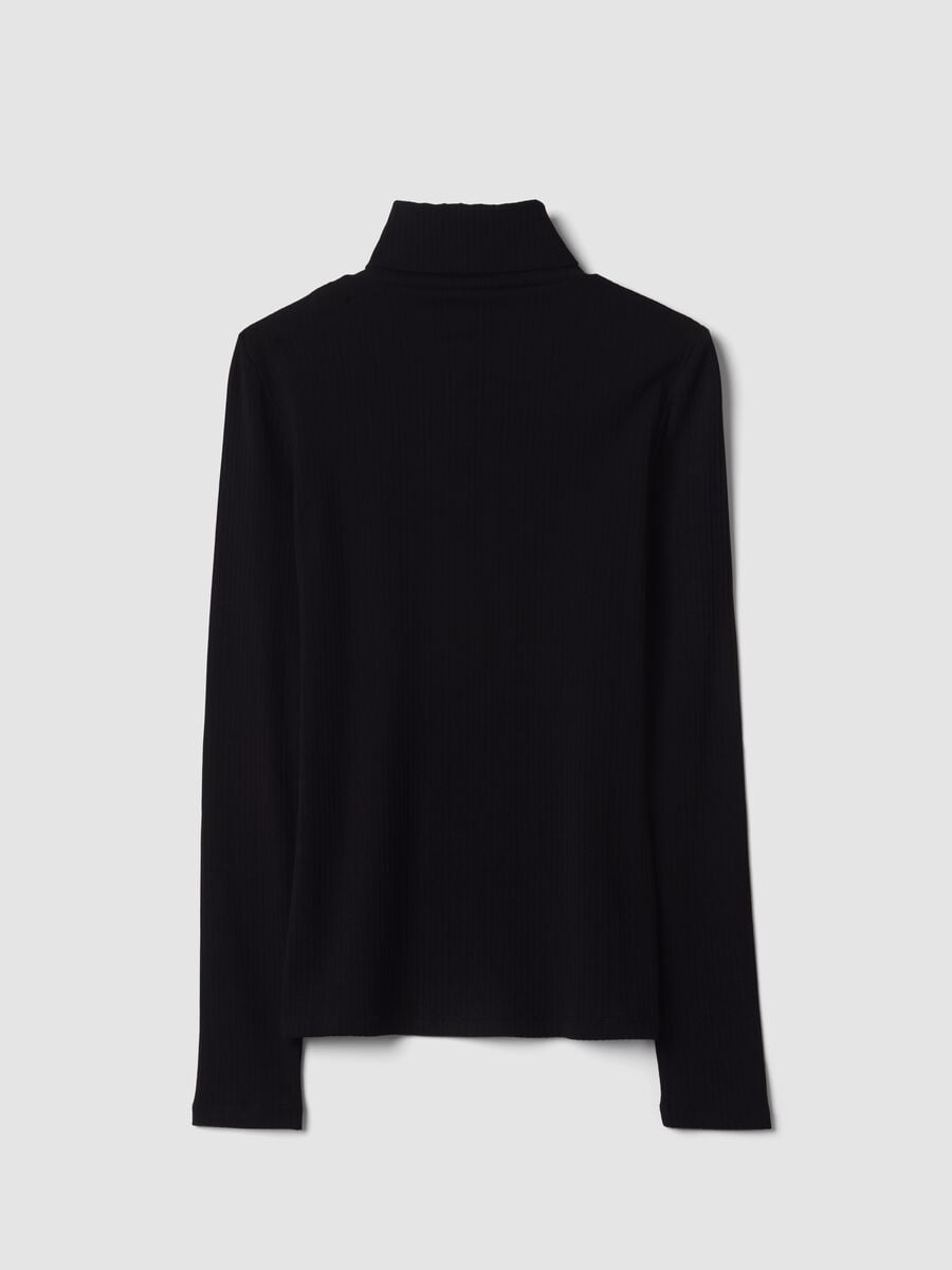 T-shirt nera in cotone elasticizzato a costine girocollo regular fit_2