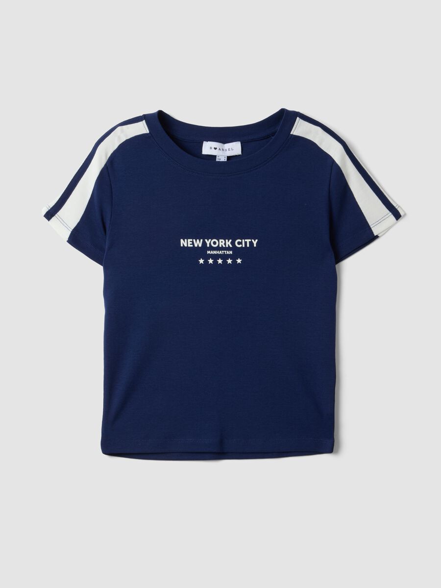 T-shirt blu in puro cotone con girocollo e stampa New York City_0