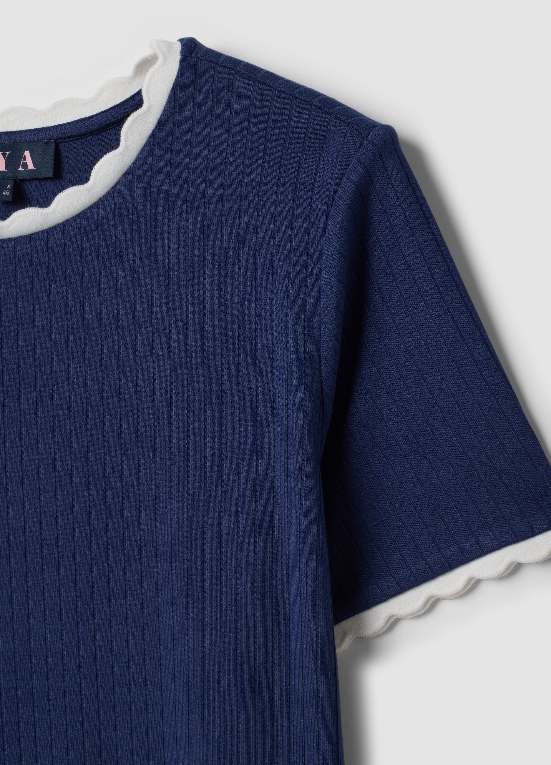 Blue stretch viscose crew-neck T-shirt with contrast trim