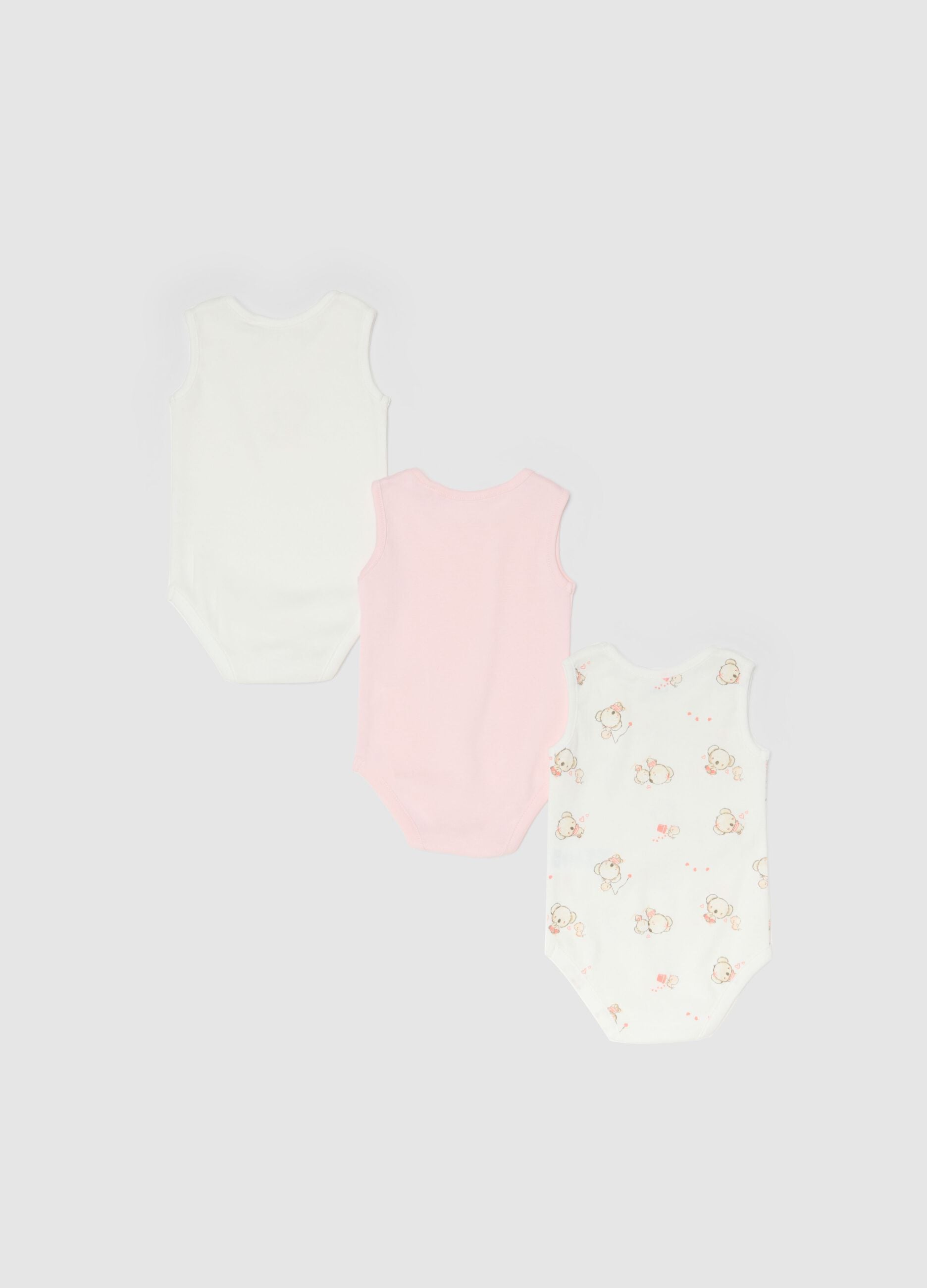 Pack of three sleeveless multicolour bodysuits in pure cotton for baby girls