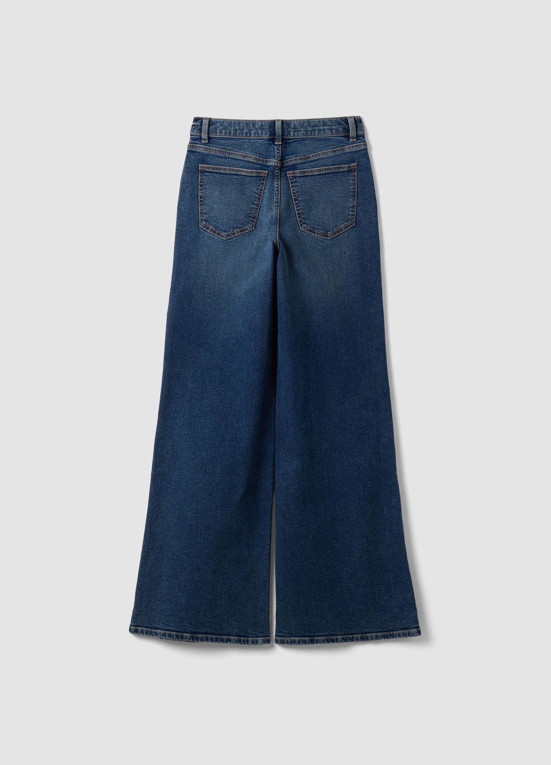 Blue high-waisted wide-leg stretch cotton jeans