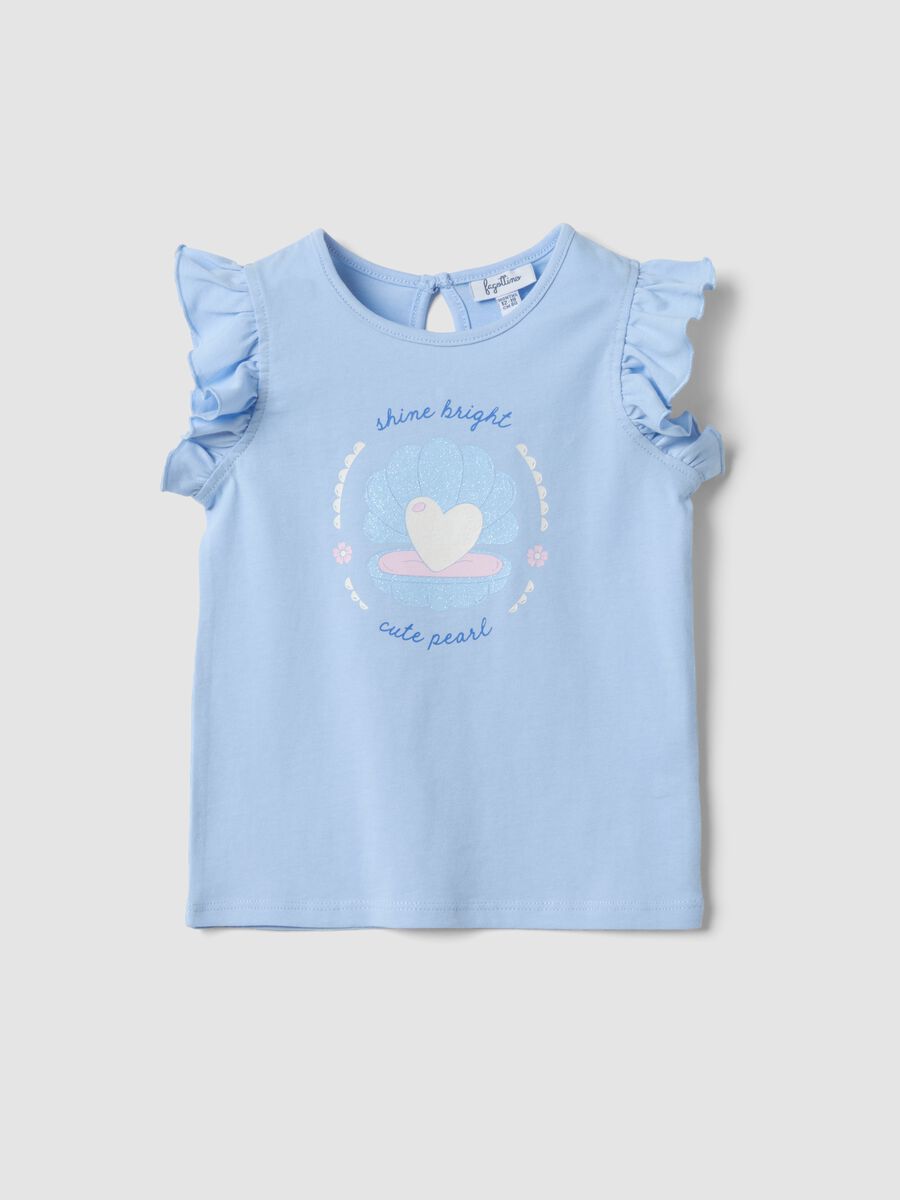 Tank top azzurro in puro cotone organico da bimba con stampa e volant_0